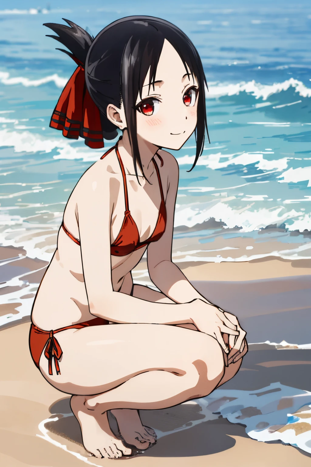 best quality, (masterpiece:1.2), detailed,
shinomiya kaguya,
1girl, solo, closed mouth, light smile, blush,
black hair, red eyes, folded ponytail, hair ribbon,
(red bikini:1.2), small breasts, Squat, looking at the viewer, beach, water, cloud