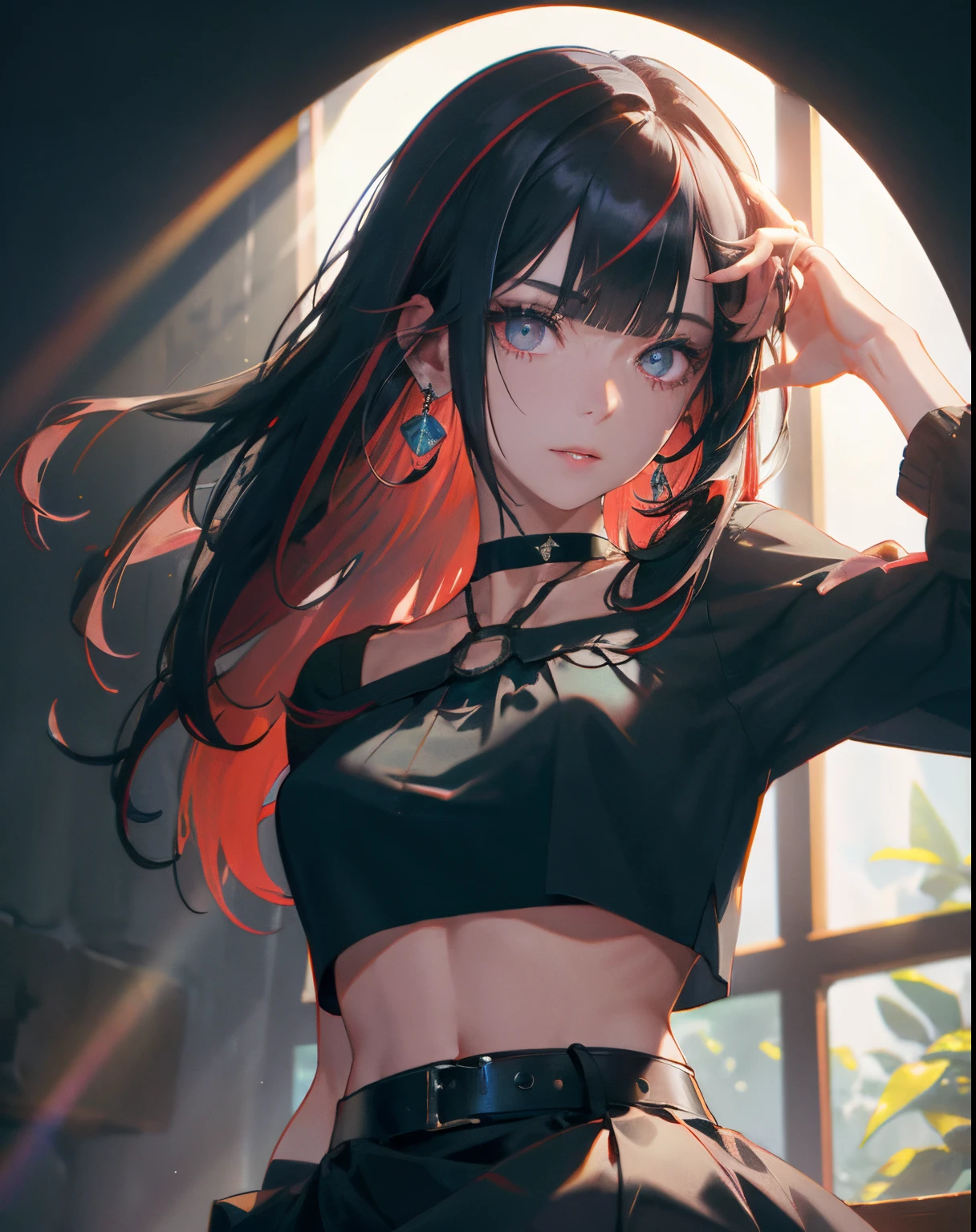 (masterpiece, best quality, 1girl, solo, intricate details, chromatic aberration), (realistic),(skin), ((breath)),(black hair,blunt bangs),detailed hair, red head ornament, blue highlights, hair over one eye,black eyes, small earrings, sharp eyes, choker,((black crop top )),(skirt),(belt),open waist,(symmetry eyes),(perfect symmetrical body), night,(((natural light))),backlighting,against grey wall, dim lighting ,look at viewer,((centered shot, from front,(face and waist)))