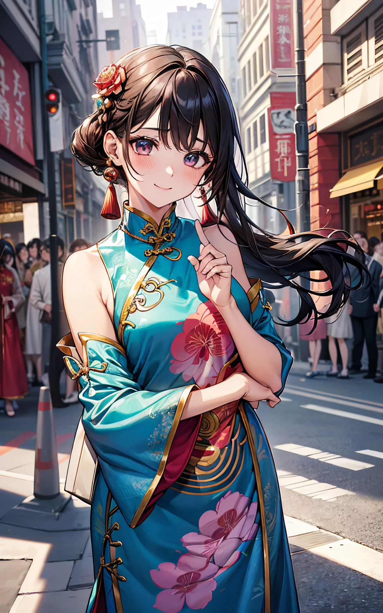 (Official Art、Highest quality、Unity 8k wallpaper、32k、masterpiece、Ultra-detailed、Ultra-high resolution、Realistic、Photorealistic:1.2)、(Cinema Lighting:1.2)、Fire Glow Effect、Film Grain、Best Shadow、Rim Light、Side light、Side Shot、(Highly detailed and intricate 3D rendering)、細部までBeautiful Faceと目、Slender、Medium Bust、(whole body:1.2)、 Highly detailed background、Chinese Restaurant、Carrying tableware、Beautiful Face、Blurred Background、Beautiful girl、(Highly detailed skin、Detailed skin texture:1.3)、Black Hair、short hair、Double Bang、blue eyes、Red Chinese dress embroidered with gold thread、Wearing high heels、Flower Hair Ornaments、(Thighs Thighs Thighs Thighs:0.9)、Laughing with your mouth open、Dynamic Pose