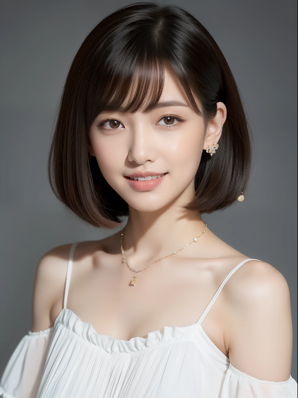 (top-quality, masterpiece, hight resolution), Beautiful 18 year old woman。She wears a white off-the-shoulder with white ruffles that only hide her breasts。Put your shoulders out、kindly smile、Show your teeth a little。Short Bob Hair Straight、(Voluminous short bob、Trimming the bob、straight haired、Straight bangs、On-eyebrow bangs)、Bob with only one ear out、foco nítido、(电影灯光)、鎖骨、ear ornament、a necklace、Light gray background