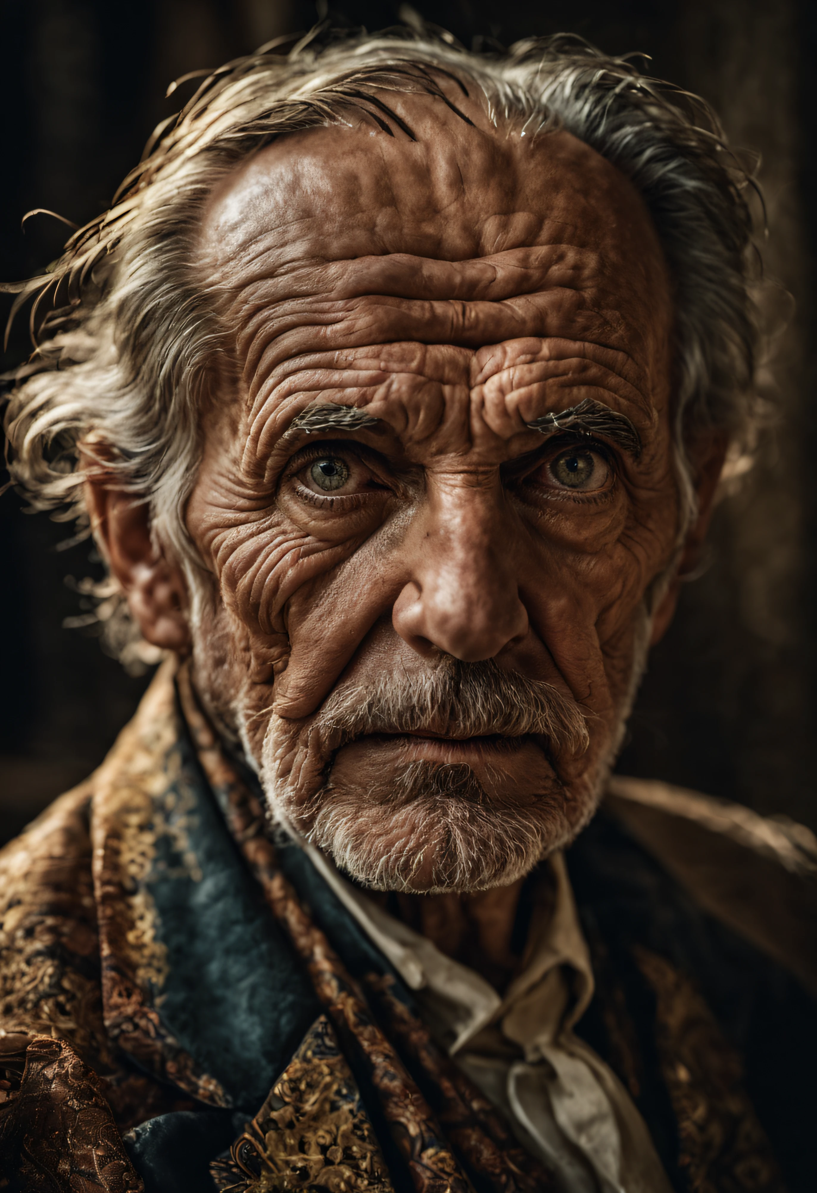 glamour portrait shot (from above:0.5) of rich sophisticated old european in fancy clothes, ((overwhelming fatigue)), wrinkles of age, photorealistic, moody colors, gritty, masterpiece, best quality, (intricate details), (****), eldritch, glow, glowing eyes, (volumetric lighting), unique pose, dynamic pose, dutch angle, 35mm, anamorphic, lightroom, cinematography, film grain, HDR10, 8k hdr, Steve McCurry, ((cinematic)), RAW, color graded portra 400 film, remarkable color, raytracing, subsurface scattering, hyperrealistic, extreme skin details, skin pores, deep shadows, contrast, dark theme,