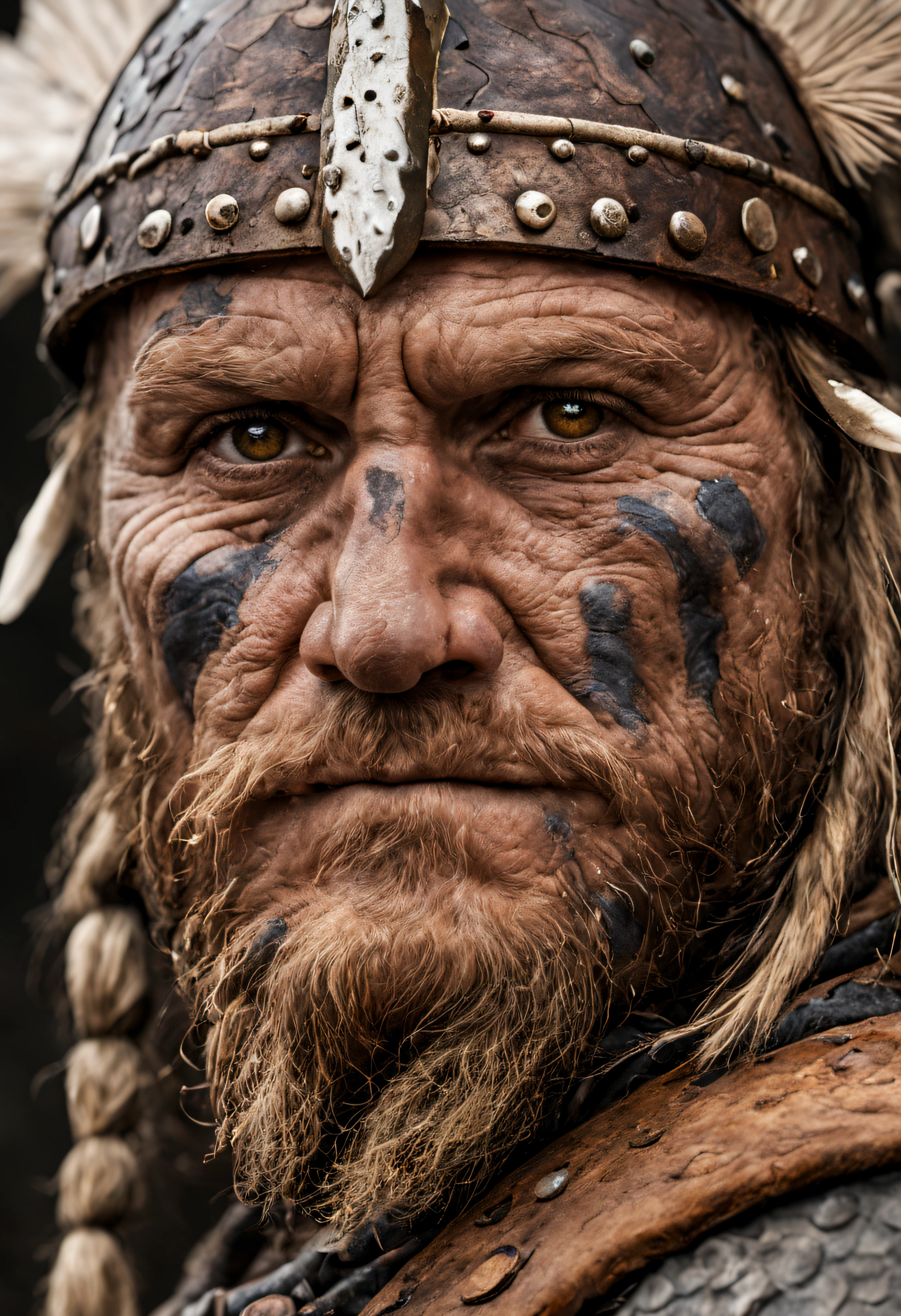 a viking warrior, semi-profile, wrinkled face, bright brown eyes, weathered skin, highly detailed, war paint, war bonnet,