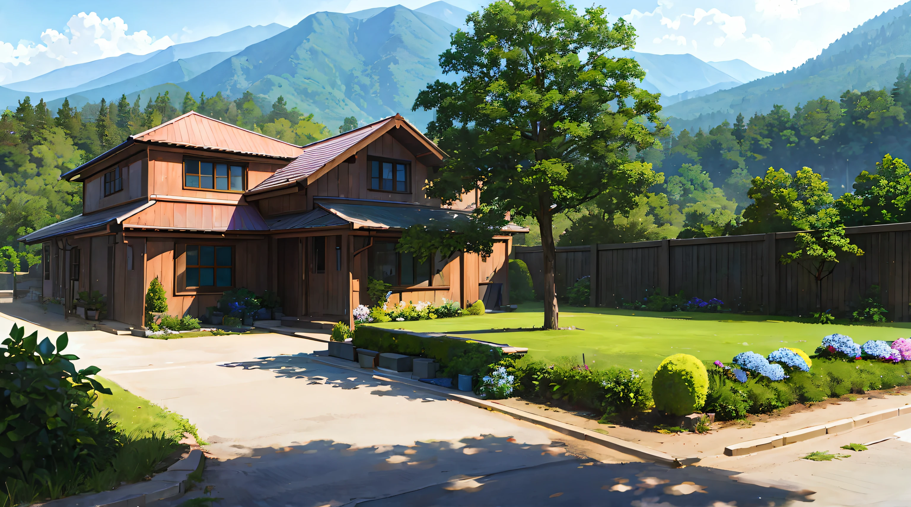 (ultra high res,photorealistic,best quality,photo-realistic),(8k,raw photo,best quality,masterplece),(photon mapping,radiosity,physically-based rendering,automatic white balance),real person,photograph,bridge, building, bush, city, cloud, day, door, fence, field,orest, garden, grass, house, hydrangea, mountain, nature, no_humans, outdoors, path, plant, potted_plant, purple_flower, road, scenery, sky, skyscraper, traditional_media, tree,