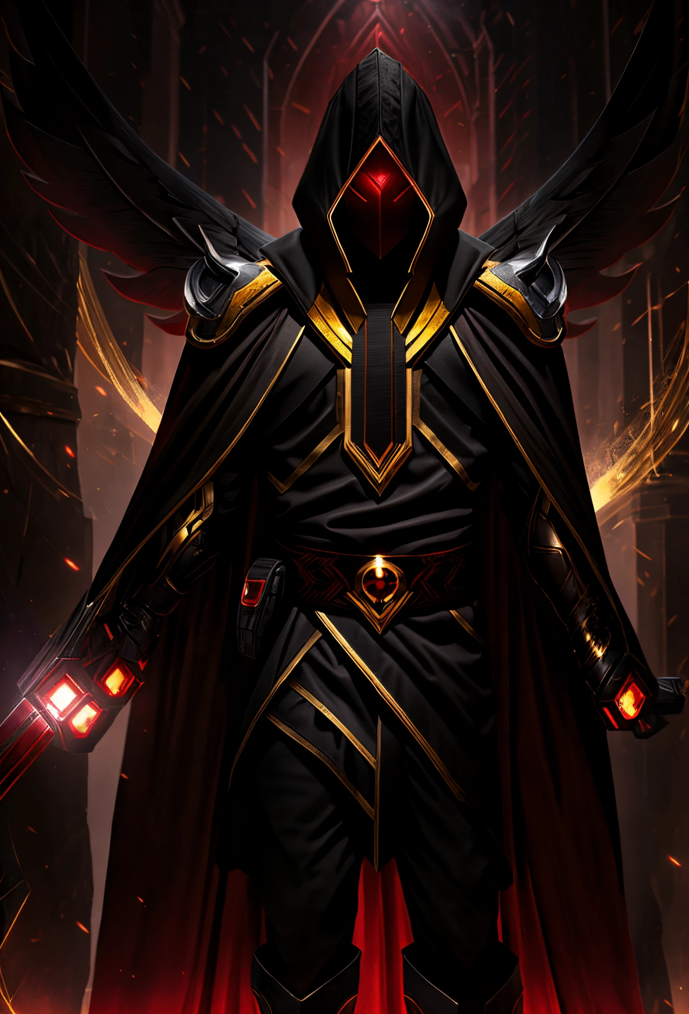 Boston from overwatch X Emperor cross of the United Federation with the colors Black, Gold, and a dark red Cape over the left shoulder and the eye is red with the eye shape as an X full body with HD design and detailed and gender is male