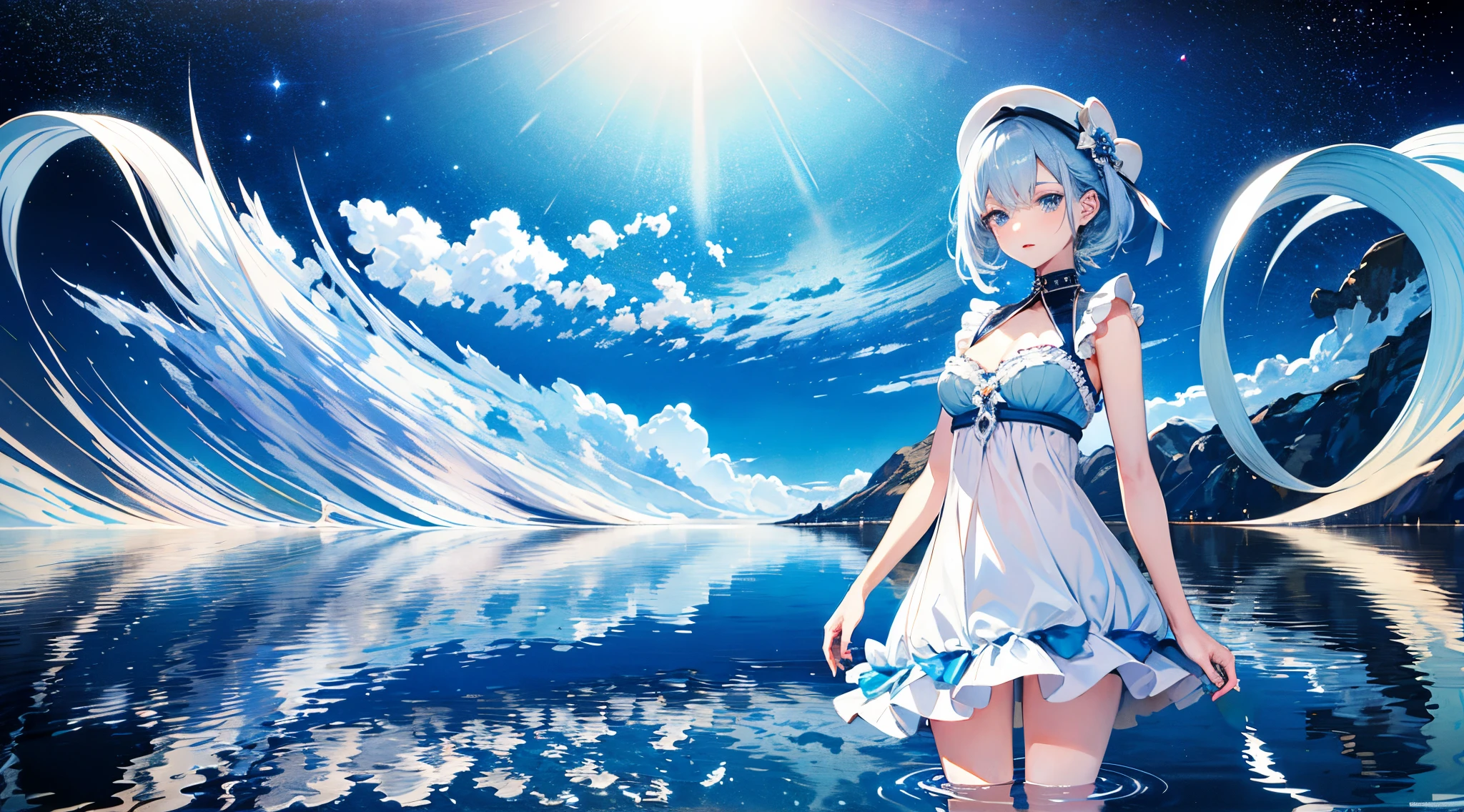 absurdres, highres,, (official art, beautiful and aesthetic:1.2),
1girl, sexy body, pale skins blue hair, middle hair, blue eyes, shining eyes,
blue short dress, Blue Frill, fancy blue hat
blue sky, Sparkling Galaxy, (Salar de Uyuni:1.2),
(Surrealism:1.15), (fractal art:0.3),
water effects, ripple effects, (flower effects:0.65), light effects,