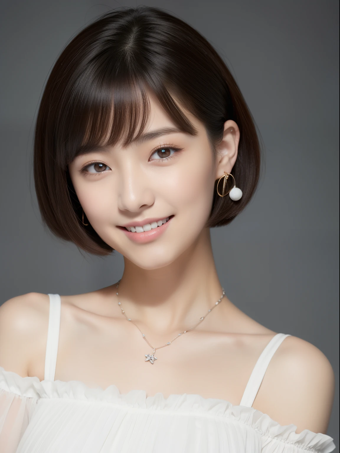 Beautiful 18 year old woman。She wears a white off-the-shoulder with white ruffles that only hide her breasts。、kindly smile、Show your teeth a little。Smile、Her hair is、Short Bob Hair Straight、(Voluminous short bob、straight haired、On-eyebrow bangs)、Bob with only one ear out、hight resolution、masterpiece、top-quality、headw:1.3、((Hasselblad photo))、Fine skin、Fine textures、foco nítido、(电影灯光)、鎖骨、ear ornament、a necklace、Light gray background