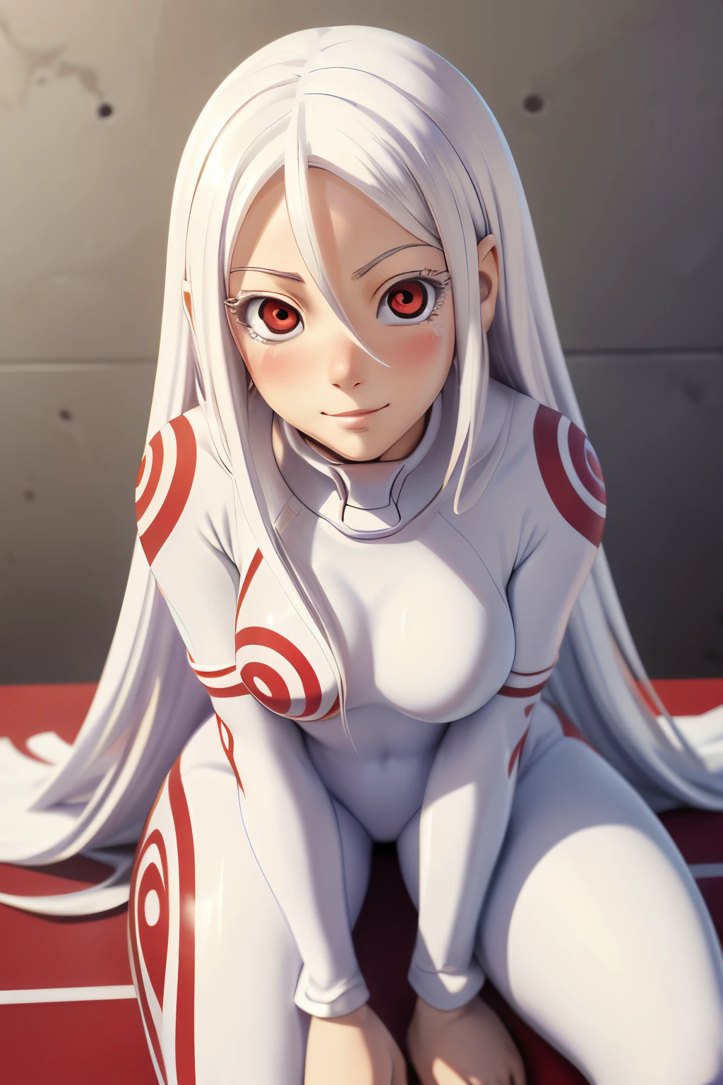 ((ultra quality)), ((tmasterpiece)), albino girl Shiro, Shiro from the anime Deadman Wonderland, ((White long hair)), Beautiful cute face, beautiful female lips, charming beauty, ((Cheerful expression on his face)), is looking at the camera, ((Skin color: white)), Body glare, ((detailed beautiful female eyes)), ((red-eyes)), beautiful female hands, ((perfect female figure)), ideal female body shapes, Beautiful waist, nice feet, big thighs, Beautiful butt, ((Subtle and beautiful)), sexy sits ((Up close view)) ((wearing Shiro&#39;s costume, white Shiro suit)), background: prison with white walls, ((Depth of field)), ((high quality clear image)), ((crisp details)), ((higly detailed)), Realistic, Professional Photo Session, ((Clear Focus)), ((cartoon)), the anime