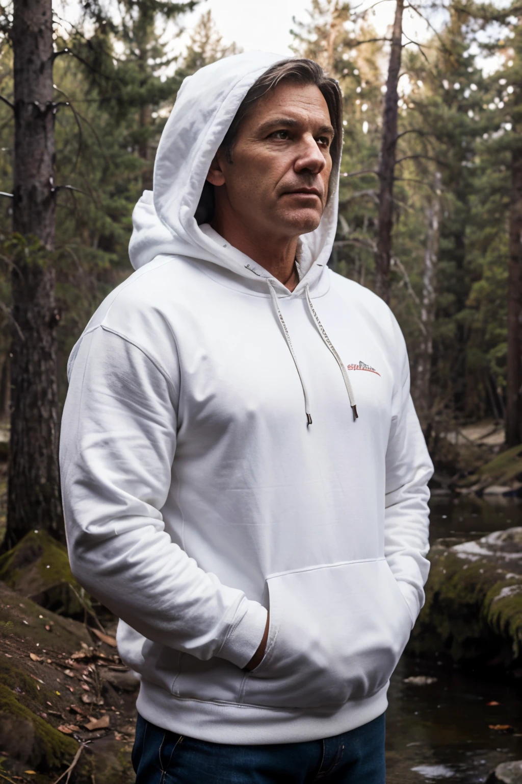 A 50-year-old muscular white American man wearing a white hooded sweatshirt,In the wilderness