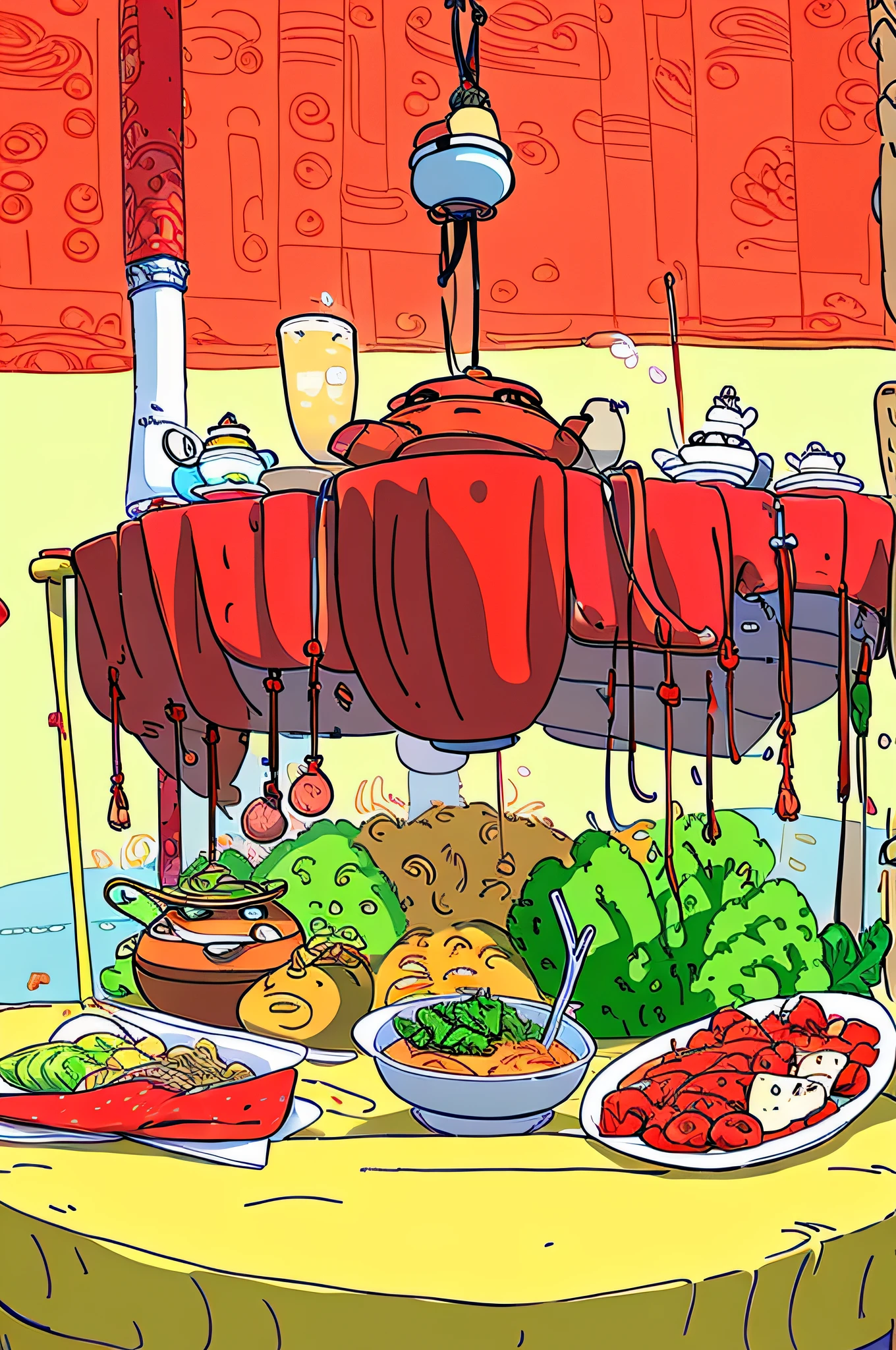 Steaming delicious hot pot，On a table，There is red tomato juice in the pot，tumbling meat slices、noodles and tofu，There are also some green vegetables for decoration。There is also a dipping saucer on the table，Small cold dishes，Chopsticks spoon and tea cup。