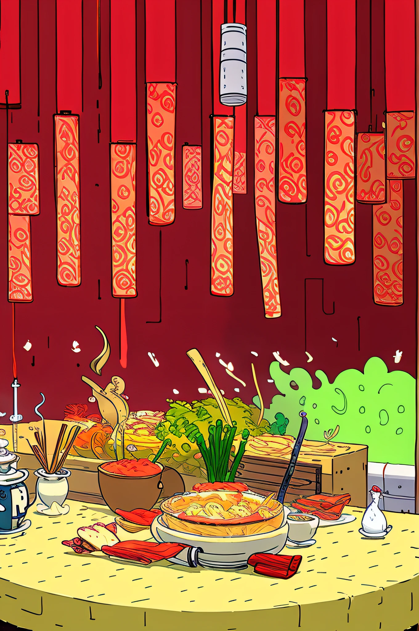 Steaming delicious hot pot，On a table，There is red tomato juice in the pot，tumbling meat slices、noodles and tofu，There are also some green vegetables for decoration。There is also a dipping saucer on the table，Small cold dishes，Chopsticks spoon and tea cup。