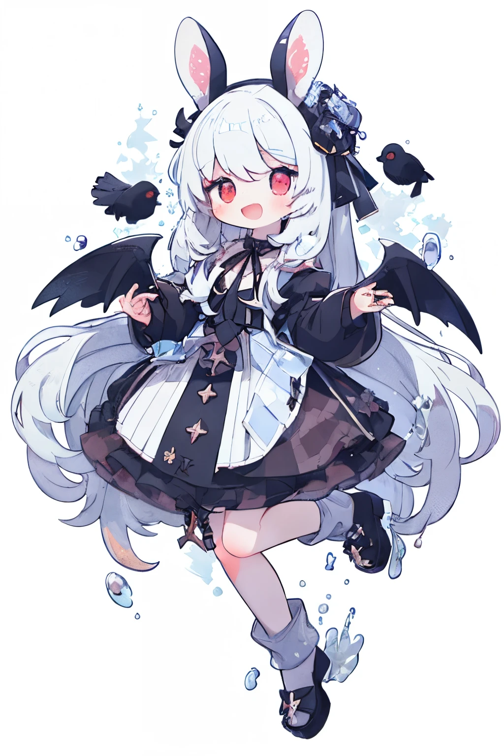 1girll, Long hair, Rabbit, Solo, White background,  view the viewer, :D, full bodyesbian, Simple background, , Hair accessories hair bye, Long sleeves, Puffy sleeves, Water-colored footwear, Rabbit foot,  Jumps,, Blush,  holding wand, Very long hair, ,1girll，White hair，Red eyes，blood，Cold，darkly，Blackened，cawing ravens，devil horns，mature，hate