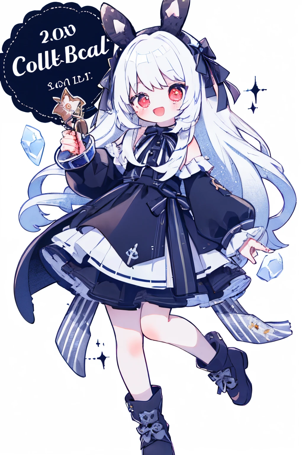 1girll, Long hair, Rabbit, Solo, White background, view the viewer, :D, full bodyesbian, Simple background, , Hair accessories hair bye, Long sleeves, Puffy sleeves, Water-colored footwear, Rabbit foot, Jumps,, Blush, holding wand, Very long hair, ,1girll,White hair,Red eyes,blood,Cold,darkly,Blackened,cawing ravens,devil horns,mature,hate