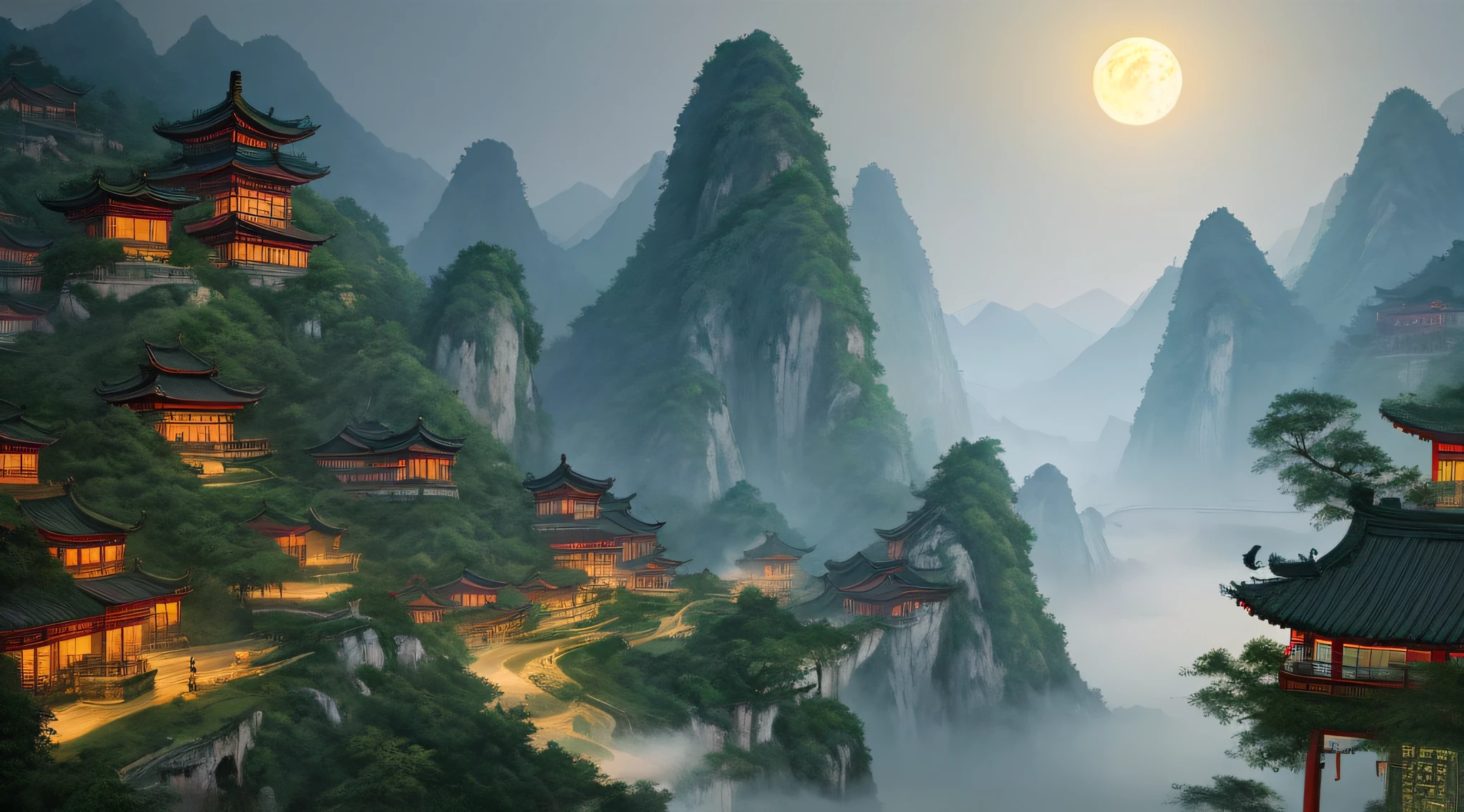 Chinese landscape painting, moon, tall buildings, hazy beauty, full of artistic sense, realistic details