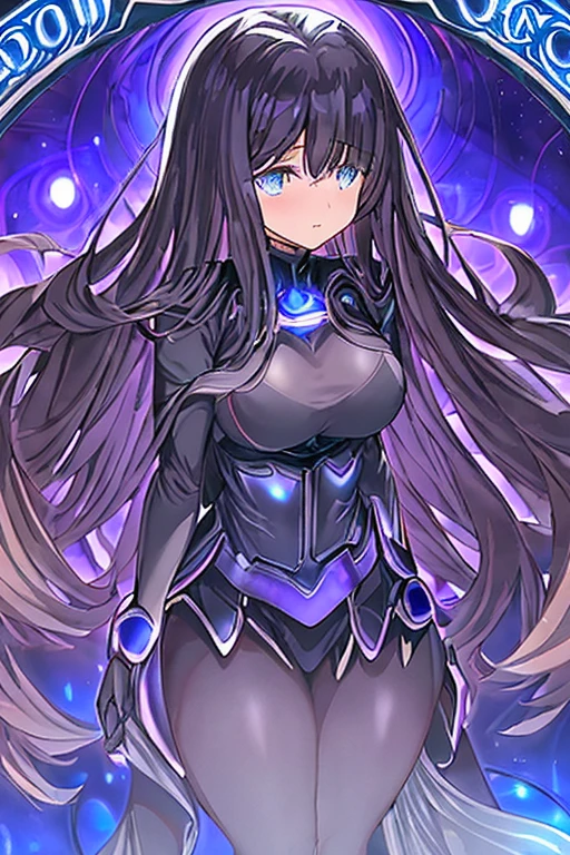 1girl, black hair, large breasts, breasts, thick thighs, wide hips, blue eyes, bodysuit, black bodysuit, long hair, light smile, science-fiction, tech, futuristic, purple clothes, machinery, anime style, anime screencap, leotard, full body, night, sky, moon