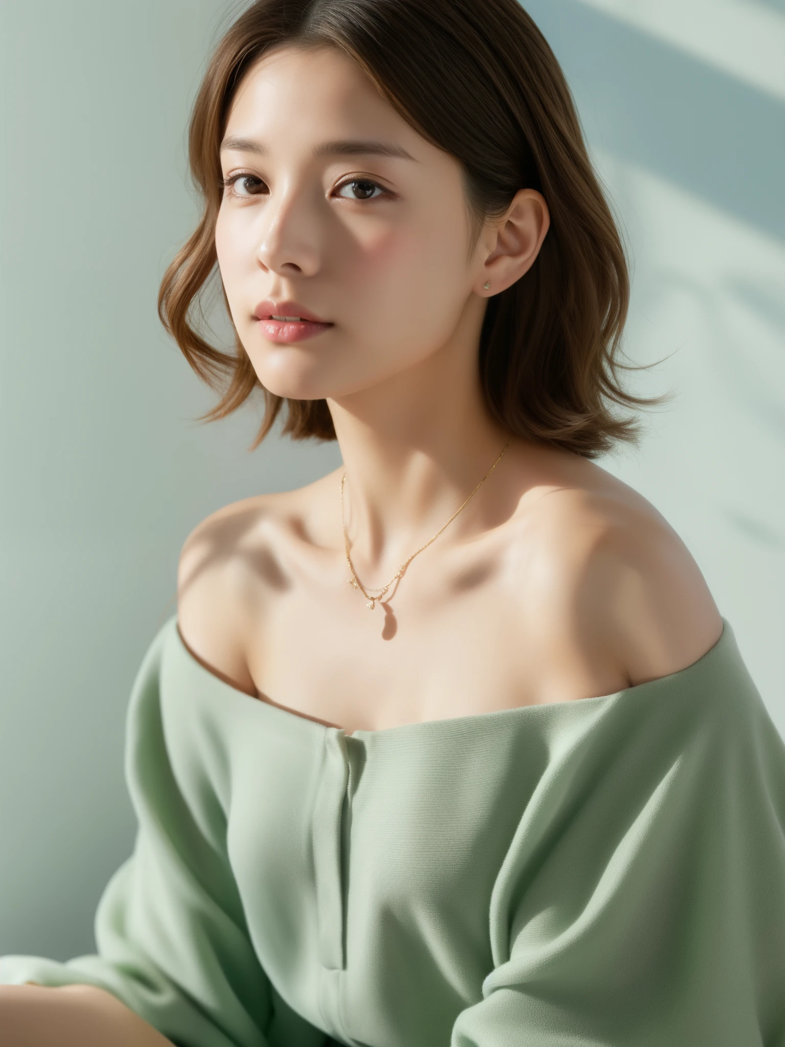 top-quality、masterpiece、超A high resolution、(Photorealsitic:1.5)、Raw foto、1girl in、Off-the-shoulder dresses、a necklace、A bracelet、murky、deep-shadows、Unobtrusive、cold light、sexy appearance、Short wavy hair、Light brown highlight hair、Slimed、A slender、Very small bust