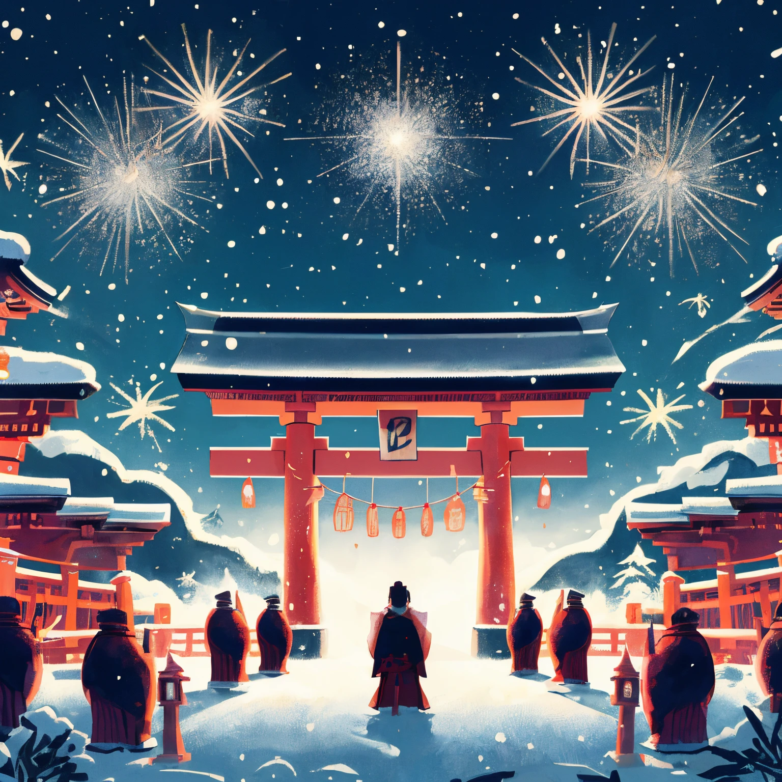 person standing in front of the gate々Group illustration of, japanese art style, japanese art on behance, traditional japanese concept art, inspired by Torii Kiyomoto, inspired by Torii Kiyomasu, Shrine of Japan, jen bartel, Studio Ghibli and Dan Mumford, inspired by Torii Kiyomasu II, stunning art style