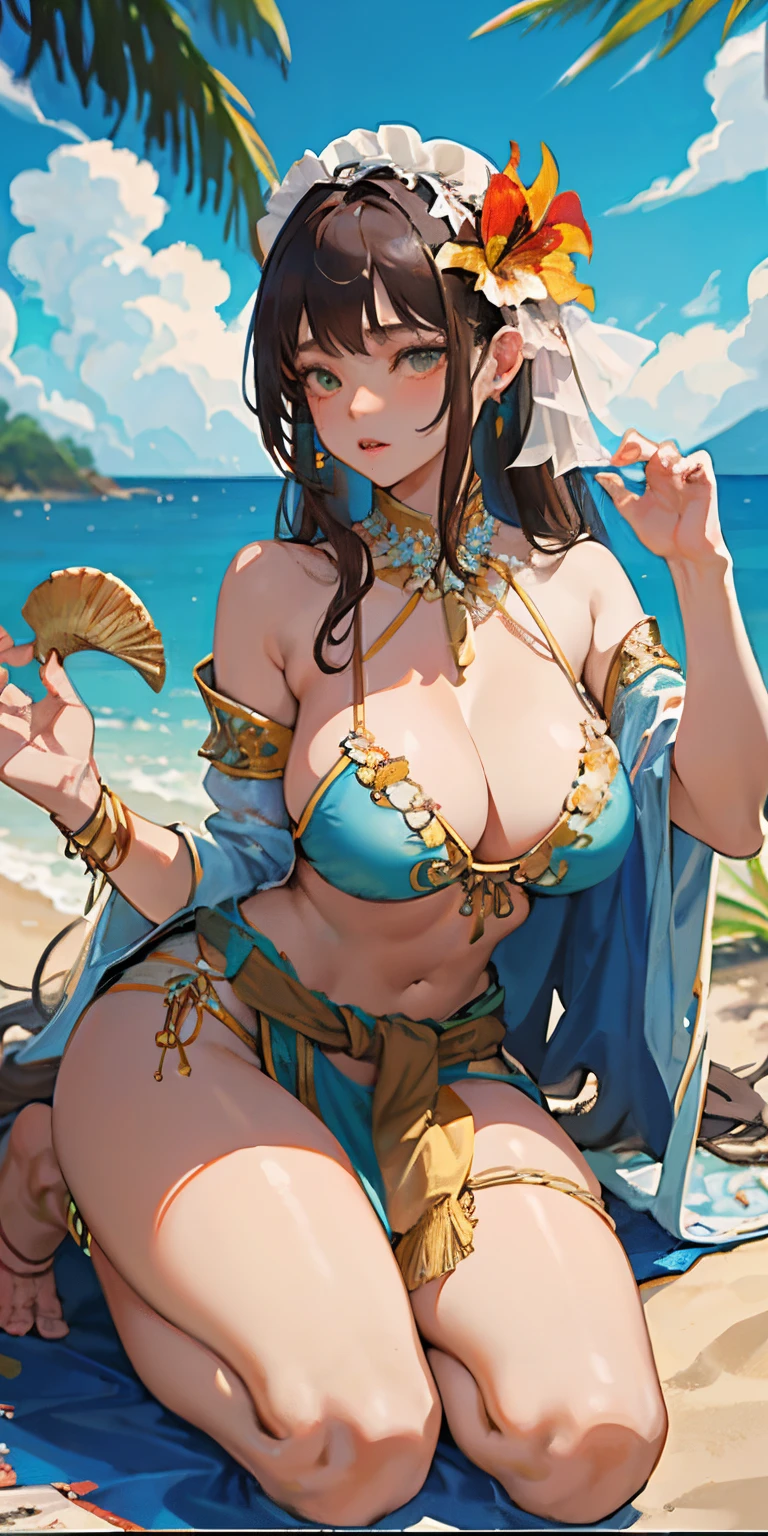 realisticlying、show through、Butt Bigger Ward、kneel down and place your hands on the ground、thighs are a little thicker、(Oversized Bikini)Wearing them will emphasize your buttocks...、16 year old girl、(((Close-up from the ground)))、Slightly thicker emphasis on the thighs、Butt enhancement, Large breasts, Cleavage enhancement、sexy brown skin tone、Polynesian Dancer、dance a polynesian dance、pareo(wear a skirt around the waist)、seashell necklace around neck、hibiscus ornament in hair、Sexy Posing