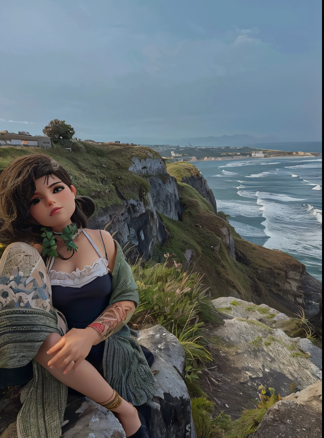 Elfa feminina com cabelos cacheados loiros, com brincos de penas verdes, sitting on top of the cliff above the sea with a sunset on the horizon