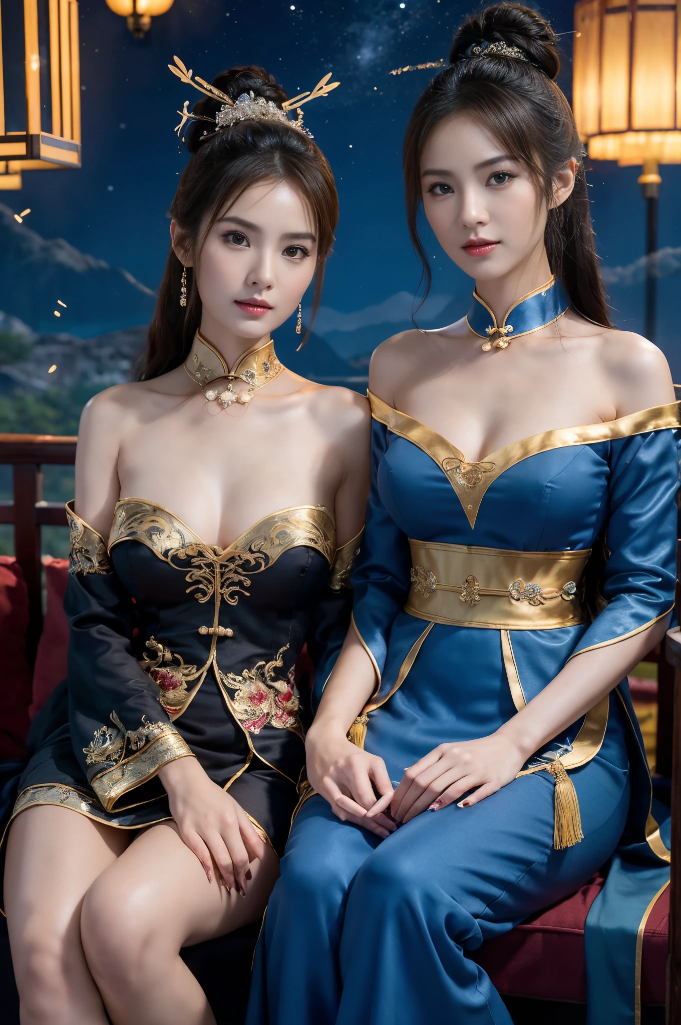 The proportions are the same for all races, All faces and pictures must be different, High level of image quality、Like a shot with an SLR、sensual bodies,upper legs、slit、Draw a work of art,Depicts two women wearing translucent traditional cheongsam sitting together,Duo,((sisterhood)),closeup portrait:1.4,Detailed faces,Front view,Rendered by Octane, HighDynamicRange,strabismus:1.3,Chinese hair accessories:1.4,Chinese hairpins:1.4,Chinese hairpins:1.4,cloud, Eau, glowworm, natta, starrysky, jewely,Light particles, (like a dream: 1.2), As estrelas, like a dream,