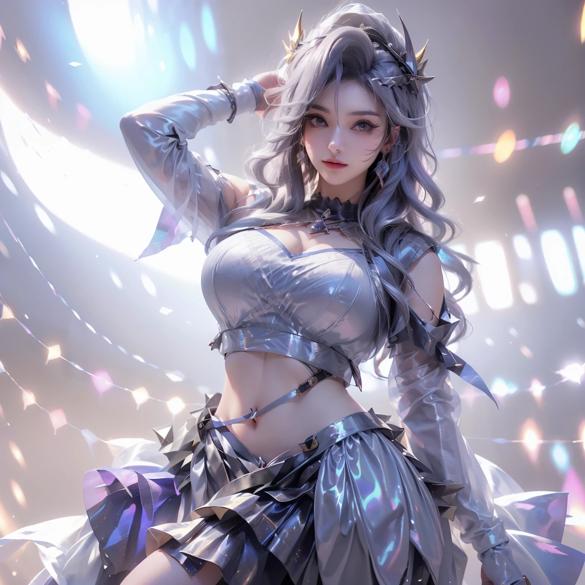 ((16 Nights Sakiya)), ((Touhou Project)), Cosplay, 20-year-old woman, (((gray hair)), ((medium spiky hair)), ((blue maid outfit)), ((white blouse)), midchest, (light)))), (pose))), (photorealistic photo: 1.3), rim lighting, (high detail skin:1.2), 8K UHD, dslr, high quality, high resolution, 4K, 8K, Bokeh, Absurdity, Best ratio four fingers and one thumb, (Real:1.3), Cutest 1 Girl, Lots of Knives