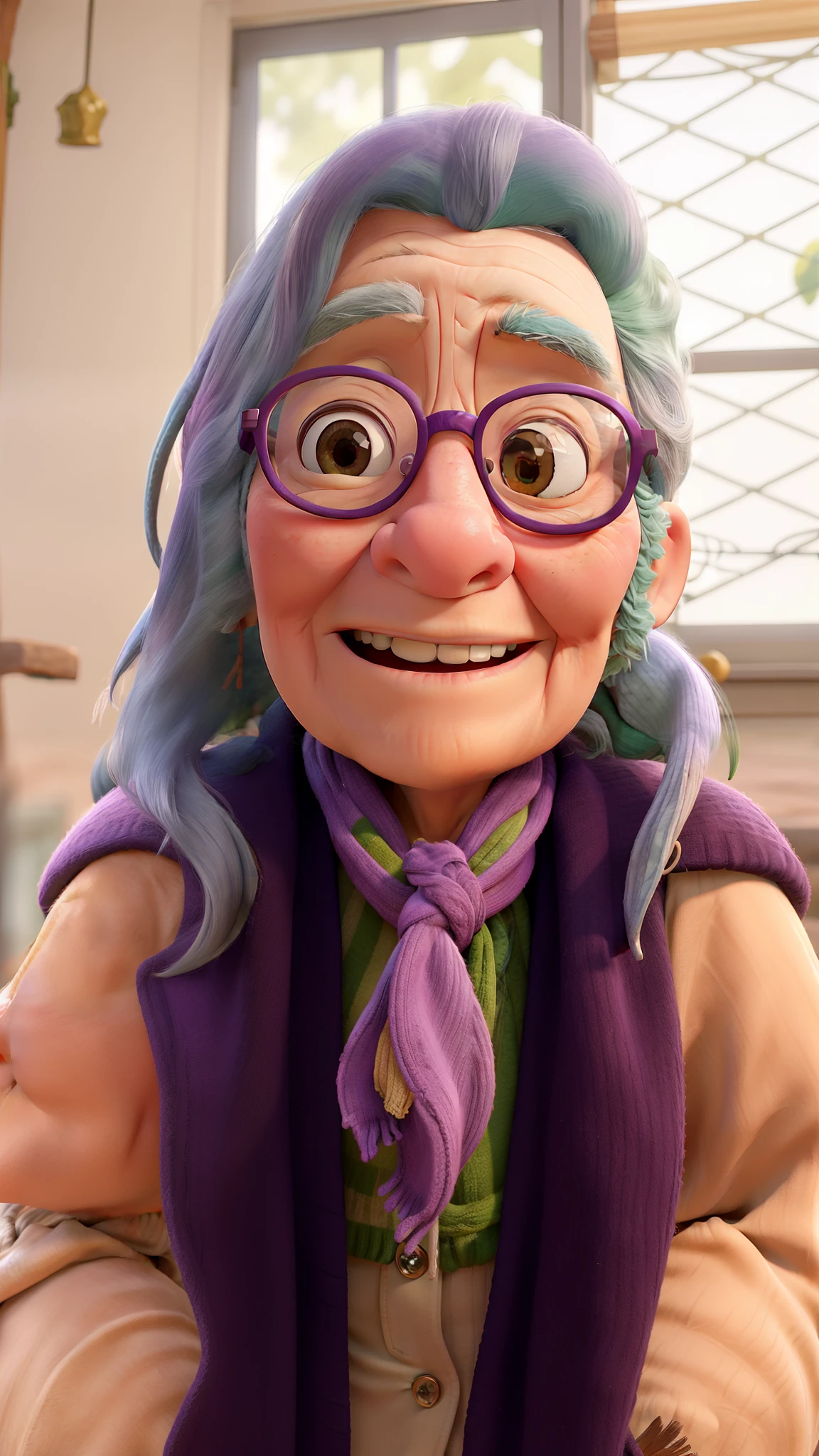 masterpiece, best quality, an old woman with glasses and a scarf on, wearing a purple coat and green scarf, standing at the park