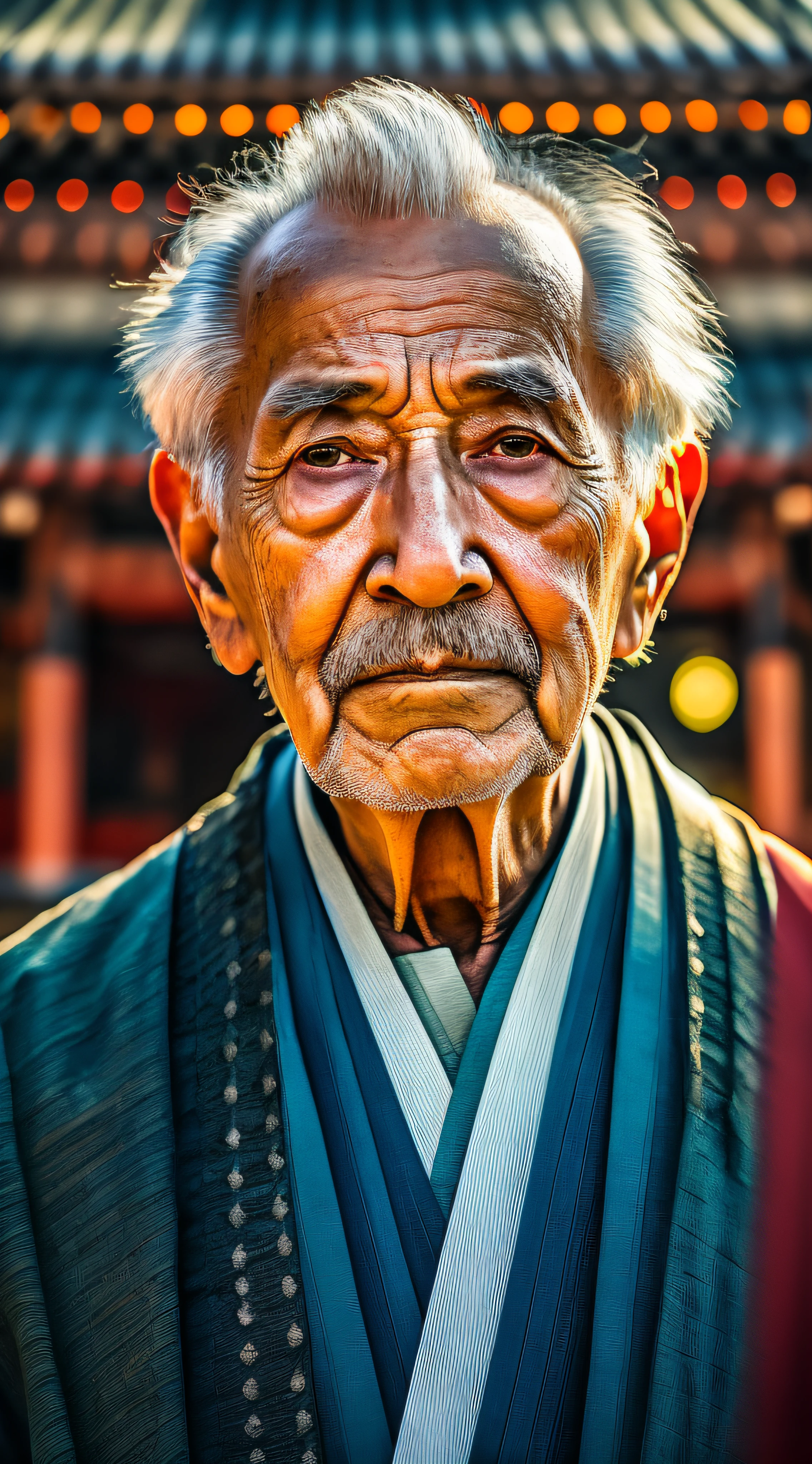 Arafad man with white beard and black robe, front view of samurai portrait, samurai portrait, Japanese ancient monk, Portrait shooting, portrait of a samurai warrior, Smart old man, Old man in Tokyo at night, japanese heritage, ancient japanese, samurai portrait photo, color photograph portrait 4k, Inspired by Koushiro Onchi, japanese god