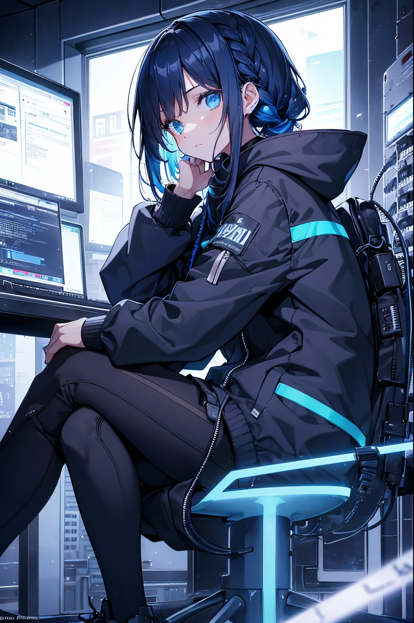 Very young girl, Black mask, White skin, code on computer, hacker style, Curve,sitting on、Seen from the side、Dark blue, Dark, Hair braid, Dark blue hair, cables, Retro, Cyberpunk, data center background, dark blue theme, nightcity