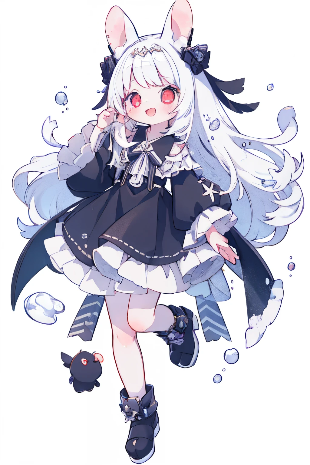 1girll, Long hair, Rabbit, Solo, White background,  view the viewer, :D, full bodyesbian, Simple background, , Hair accessories hair bye, Long sleeves, Puffy sleeves, Water-colored footwear, Rabbit foot,  Jumps,, Blush,  holding wand, Very long hair, ,1girll，White hair，Red eyes，blood，Cold，darkly，Blackened，cawing ravens，devil horns，mature，hate