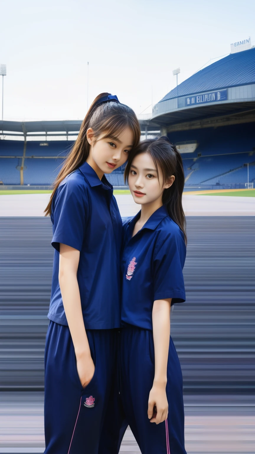 (bestquality,10,10,highres,masterpiece:1.2),ultra-detail,(Realistic,photorealistic portrait,photo-realistic:1.37),1 Cute girl in the football field,oily shiny skin,bara,light smile,BDclothes,((blue shirt:1.3)),short sleeves,shirt, trousers.,(navy_long_Pants Track:1.1), ((Stadium Background:1.3)),dynamic angle,excited,face focus,Dynamic Poses,from behide,Ass Focus,masterpiece, bestquality, ultra realistic, hyper-detail, 8k resolution, RAW photo, crisp focus, ((Navy blue shirt:1.1)), short sleeves, Long Path, Perfect body, 2 mature women, 18yo, cinematic light,Blue sweatpants,Gymware,Correct anatomy,Complete body, Correct body, sharp face, Anatomically correct body, full entire body, Realistic gestures, long-haired, Realistic poses,Wear long shorts................,Long leg span,Shapely,Sculpting Girl, Slender Figure, mannequin mannequins, Shapely, Beautiful body,Blue sweatpants, Two girls kissing