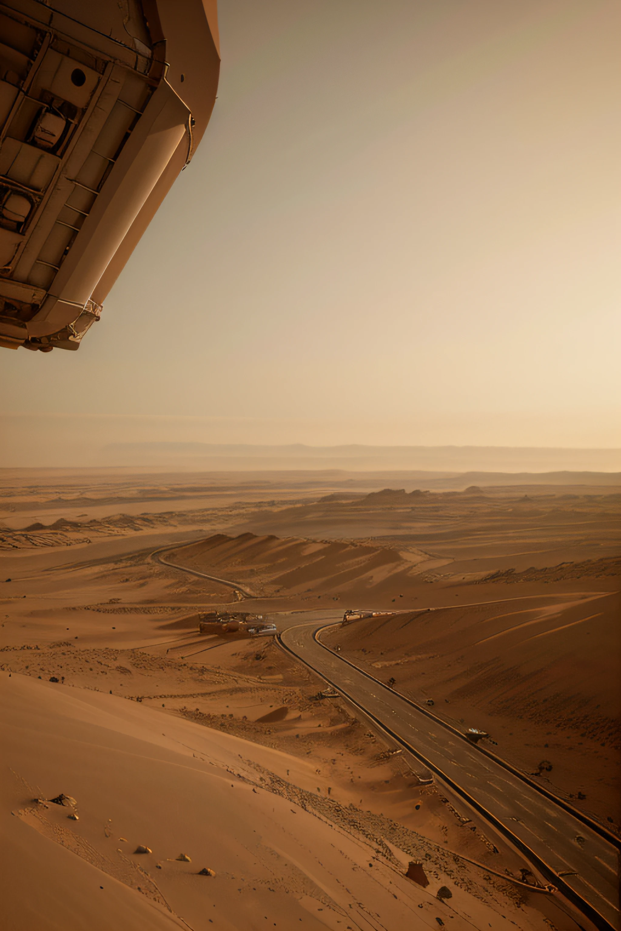 Looking down on Mars,Many industrial robot arms are building streamlined scientific research buildings and roads,Bridges,High-tech aircraft flying in the sky,Mars daytime,Robotic arm details,basic architectural details,super wide shot,High realism,lightand shade contrast,