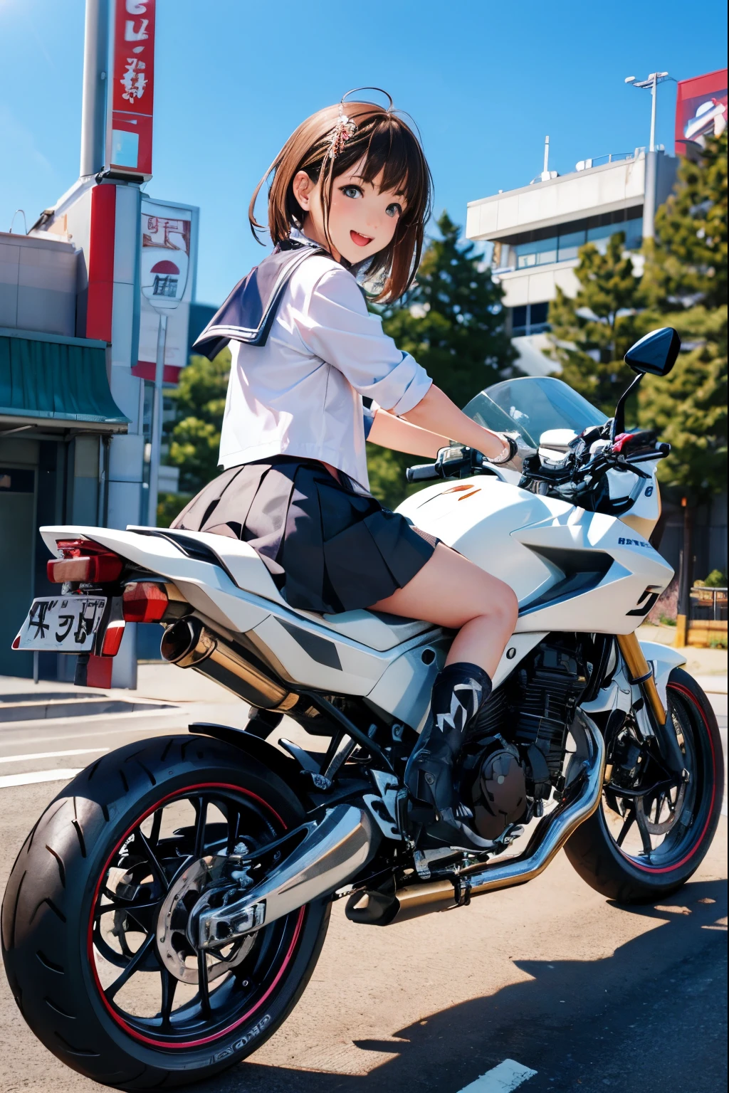 Japan schoolgirl riding motorcycle,Happy!!!, White panties are visible, motor cycle,[ photos realistic ]!!, hight resolution,