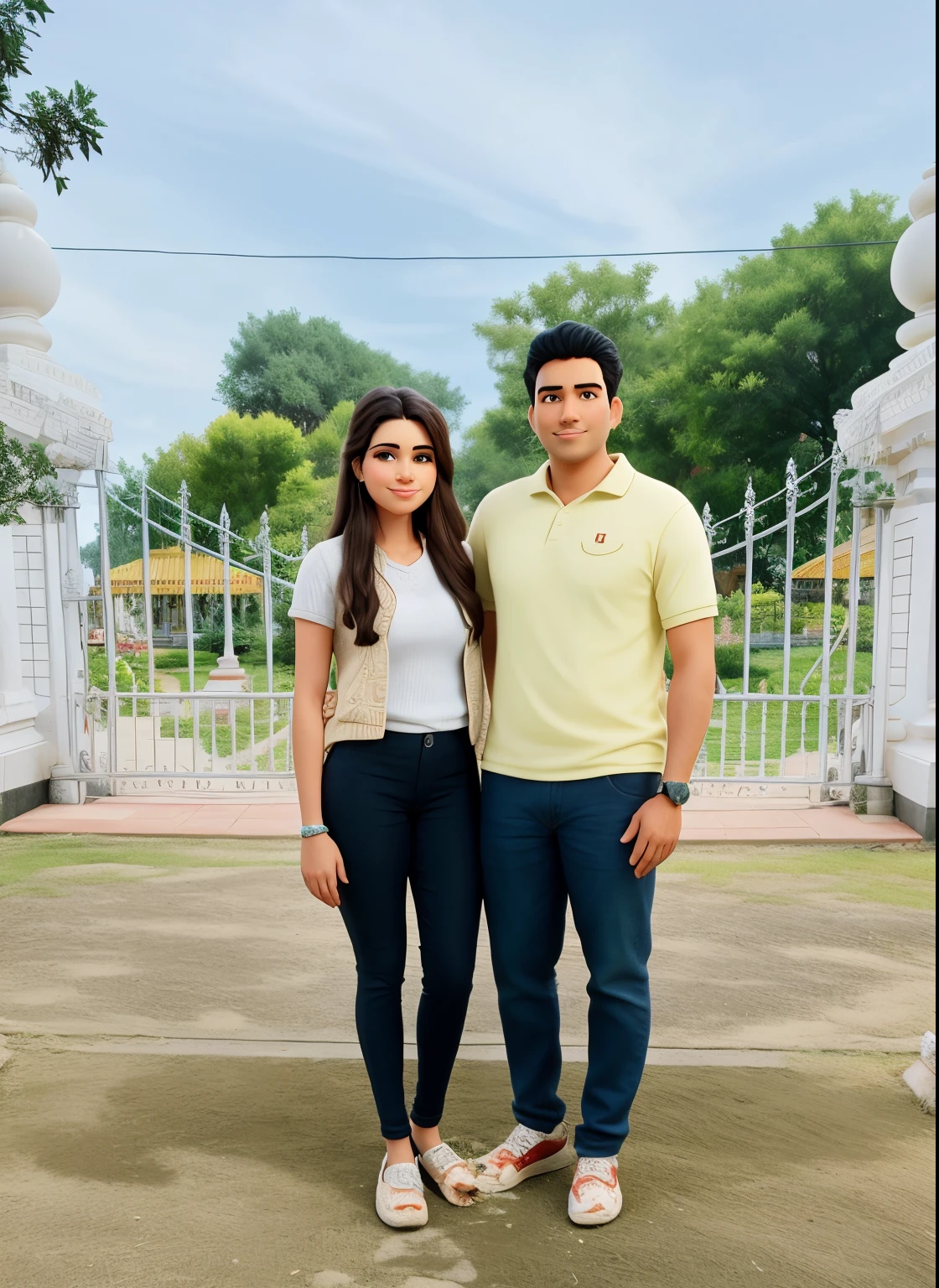 araf and his wife posing for a picture in front of a gate, in front of a temple, in front of the temple, photo taken in 2 0 2 0, in front of the house, by Sam Dillemans, wpol and sarasti, standing in a botanical garden, profile image, standing outside a house, ghutra and egal, beautiful surroundings disney 3d