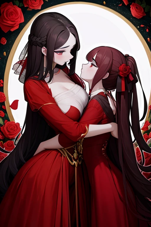 A red haired woman with red eyes is wearing a long sleeve ruby gown with a ribbon of white silk in the middle of the skirt and a braid with red roses is kissing a black haired woman in black gown with embroidered golden moons along the silk