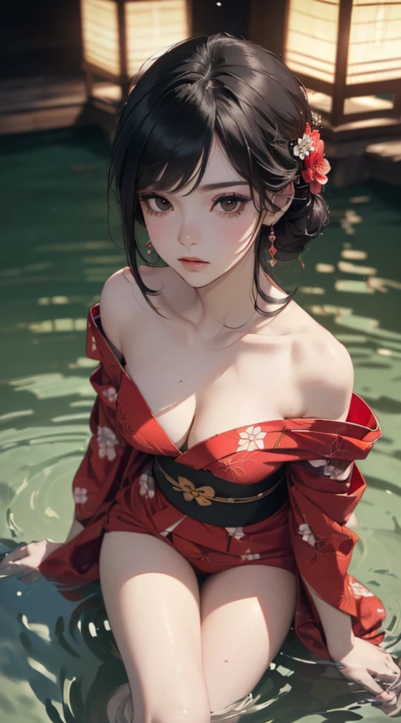 A reddish background/wine.
a woman with straight hair, long, black and slanted eyes is wearing a kimono.
She's half mermaid below the waist.
In the part where she is a mermaid, is submerged underwater (both the water and its syrup are red). In addition, she is holding a thin sword in her left hand underwater