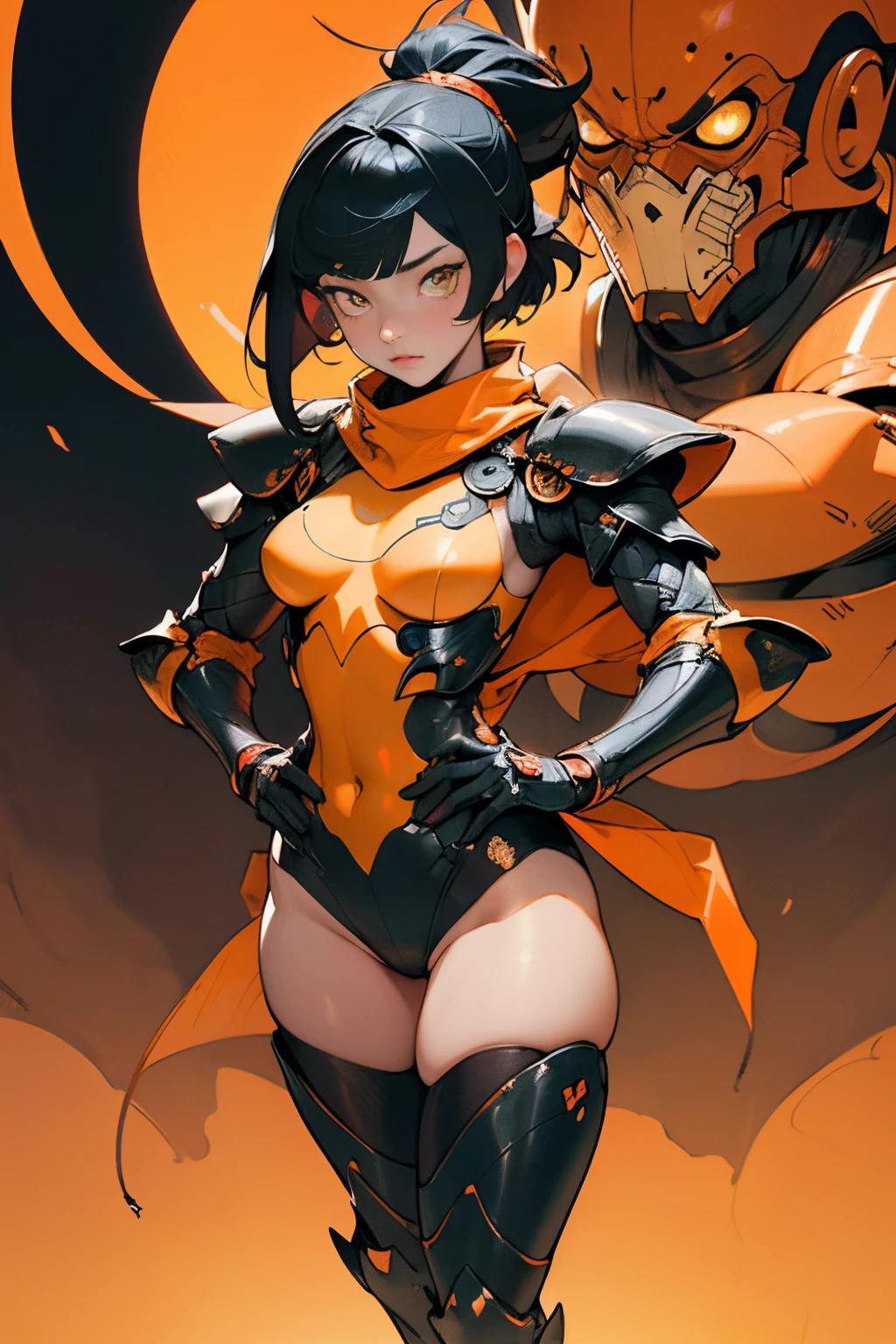 [Shinjuku background at night],Ginrei from Giant robot, (HENTAI ANIME) (Japanese NINJA Girl (Beauty) 19 student) petite and muscular [Slim & fit body], Short Bob Cut,([hornet] Orange Ninja Battle Armor) scarf [stall] ((Fitting rubber inner) [honeycomb] [edg]) hair adornments (Dull metallic luster:0.8),gravure [KUNOICHI],(Perfectly proportioned),Ideal color coordination),(Intricate and beautiful decoration (Dense detail)),[Perfect hand details],(Beautiful perfect face, yellow eyes, yellow irises, [Perfect eye details, [Full body like], fit thighs, thigh gap,[[Desaturation]], pretty hands, perfect fingers