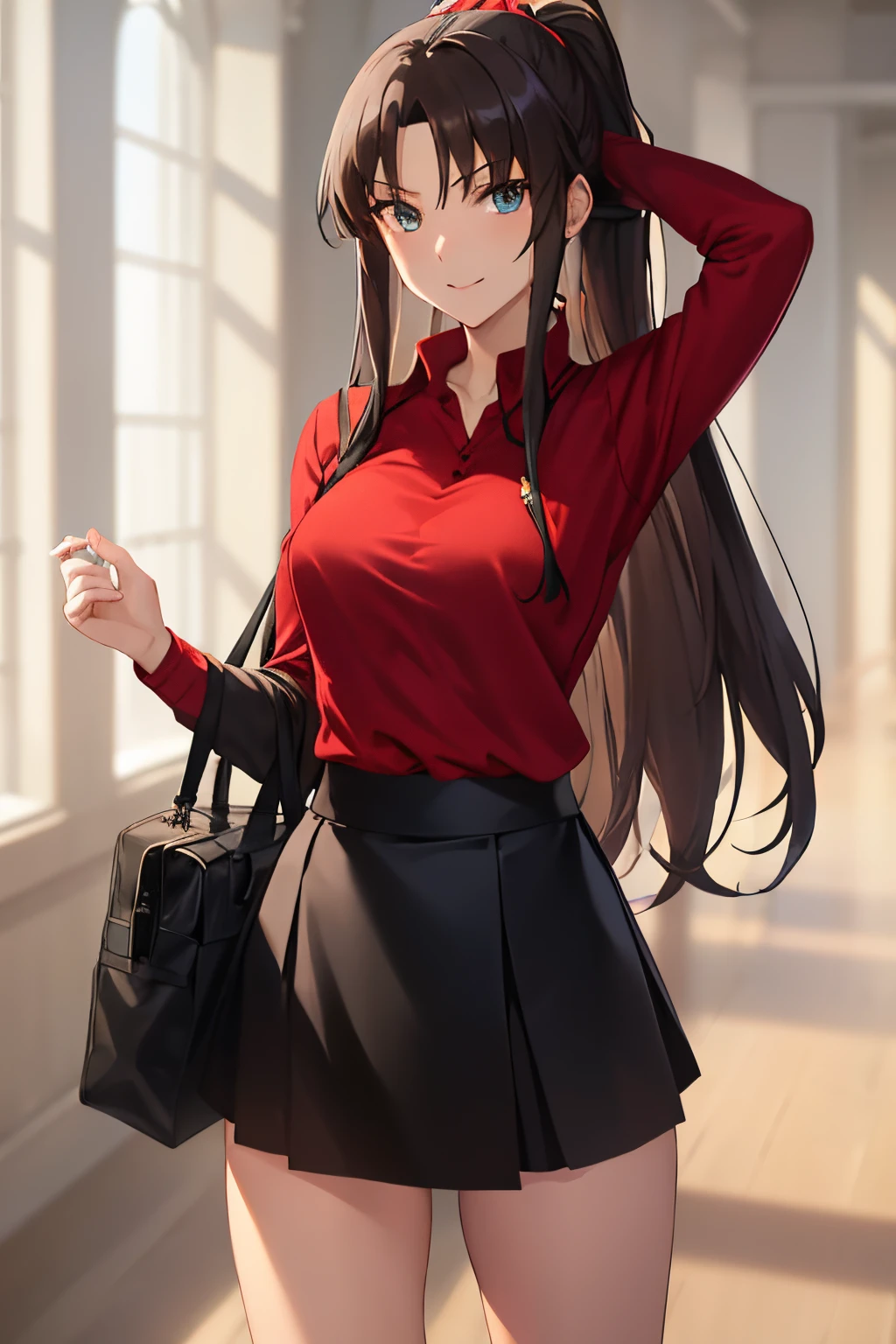 Best quality, (Masutepiece:1.2), Highly detailed, inside, Tohsaka too.,1girl in, only, Standing, Looking at viewer, from the front, mouth closed, Smile, Long hair, brown hair, blue eyes ,Red shirt, miniskirt, black skirt, black pantyhose,(Skirt rise:1.3), (white panties:1.3)、(Rolling up skirt:1.3)、(Fully exposed panties:1.5)