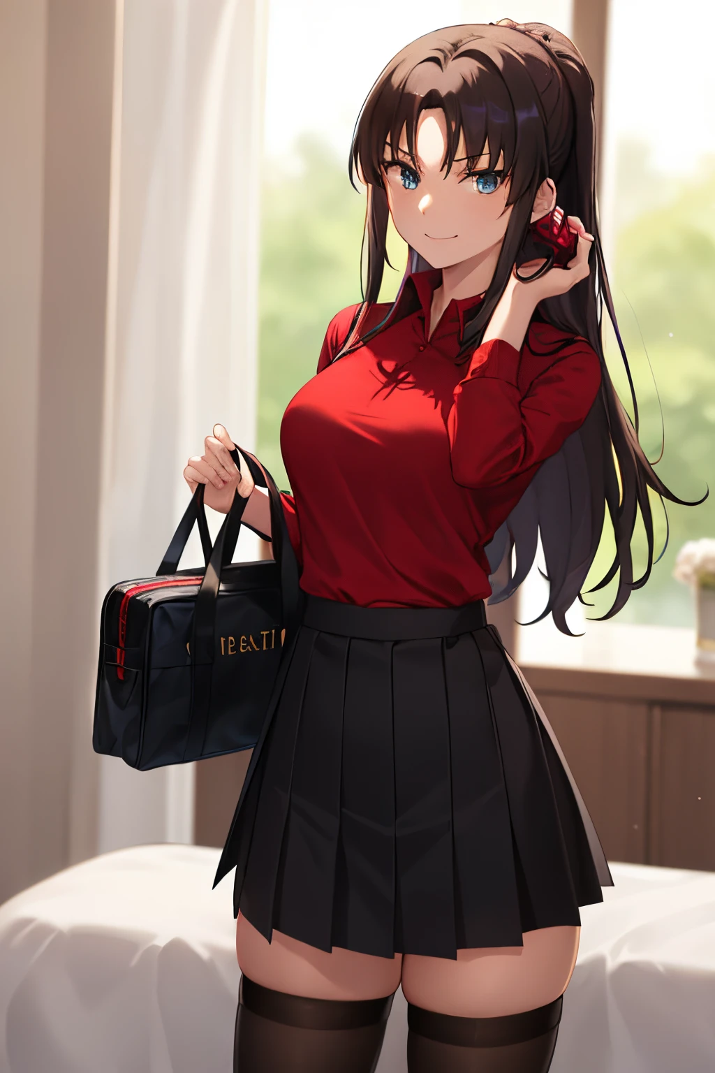 Best quality, (Masutepiece:1.2), Highly detailed, inside, Tohsaka too.,1girl in, only, Standing, Looking at viewer, from the front, mouth closed, Smile, Long hair, brown hair, blue eyes ,Red shirt, miniskirt, black skirt, black pantyhose,(Skirt rise:1.3), (white panties:1.3)、(Rolling up skirt:1.3)、(Fully exposed panties:1.5)