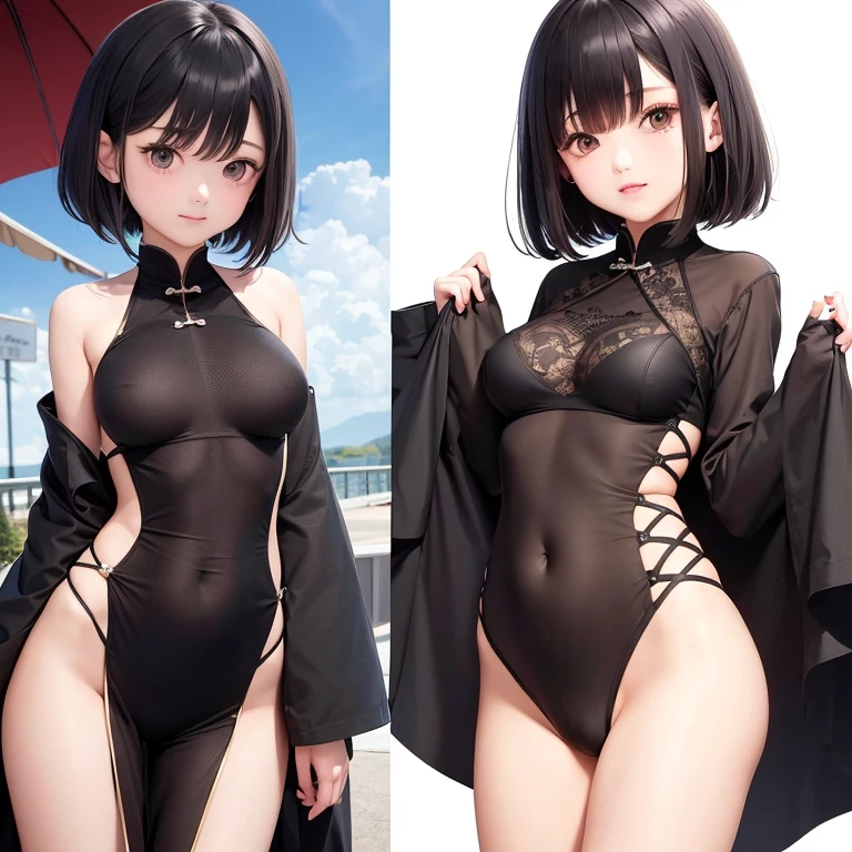 ((masutepiece、An ultra-high picture quality、ultra-quality、8K、clear details、face perfect、Phenomenally cute face、perfect and slender body、realphoto、))18year old、She is a girl about 150cm tall.。、short-cut、Green hair、Hair fluttering in the wind、The clothes are black Chinese clothes.、Breasts and underwear visible through Chinese clothes fluttering in the wind、Bullish appearance、red blush、(Place your hands behind your back to emphasize your chest)