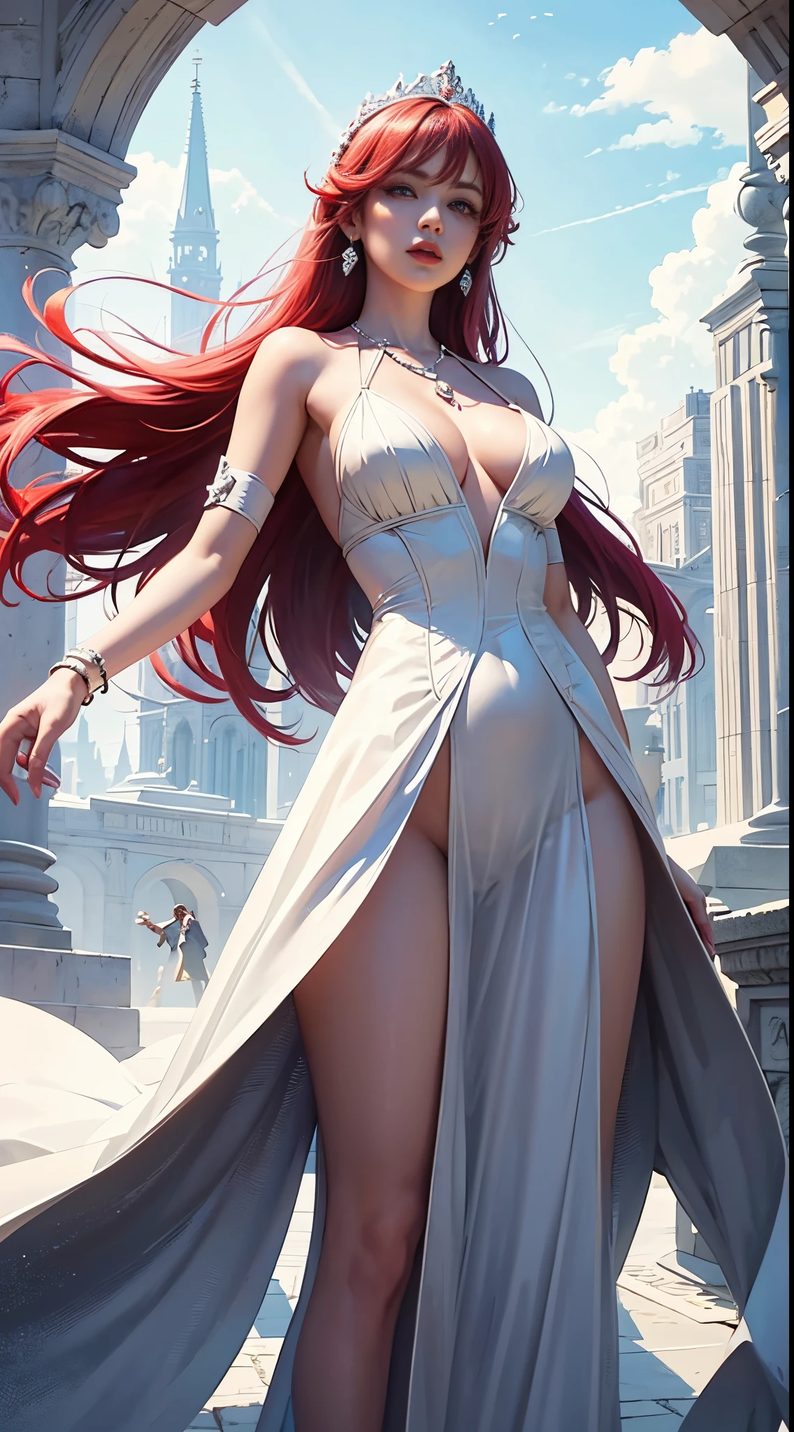 hyper qualit,8K,Girls don’t show their breasts,don't show your breasts,High cold wind,Redlip,The head proportions are perfect,sliver long hair,Princess dress red and white color,Swan neck,and the sun was shining brightly,adiamondnecklace,The body is well proportioned,The color of the clothes is very bright, high saturated,High detail depiction