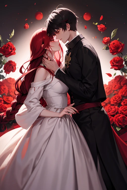 A red haired woman with red eyes is wearing a long sleeve ruby gown with a ribbon of white silk in the middle of the skirt and a braid with red roses is kissing a black haired woman in black gown with embroidered golden moons along the silk