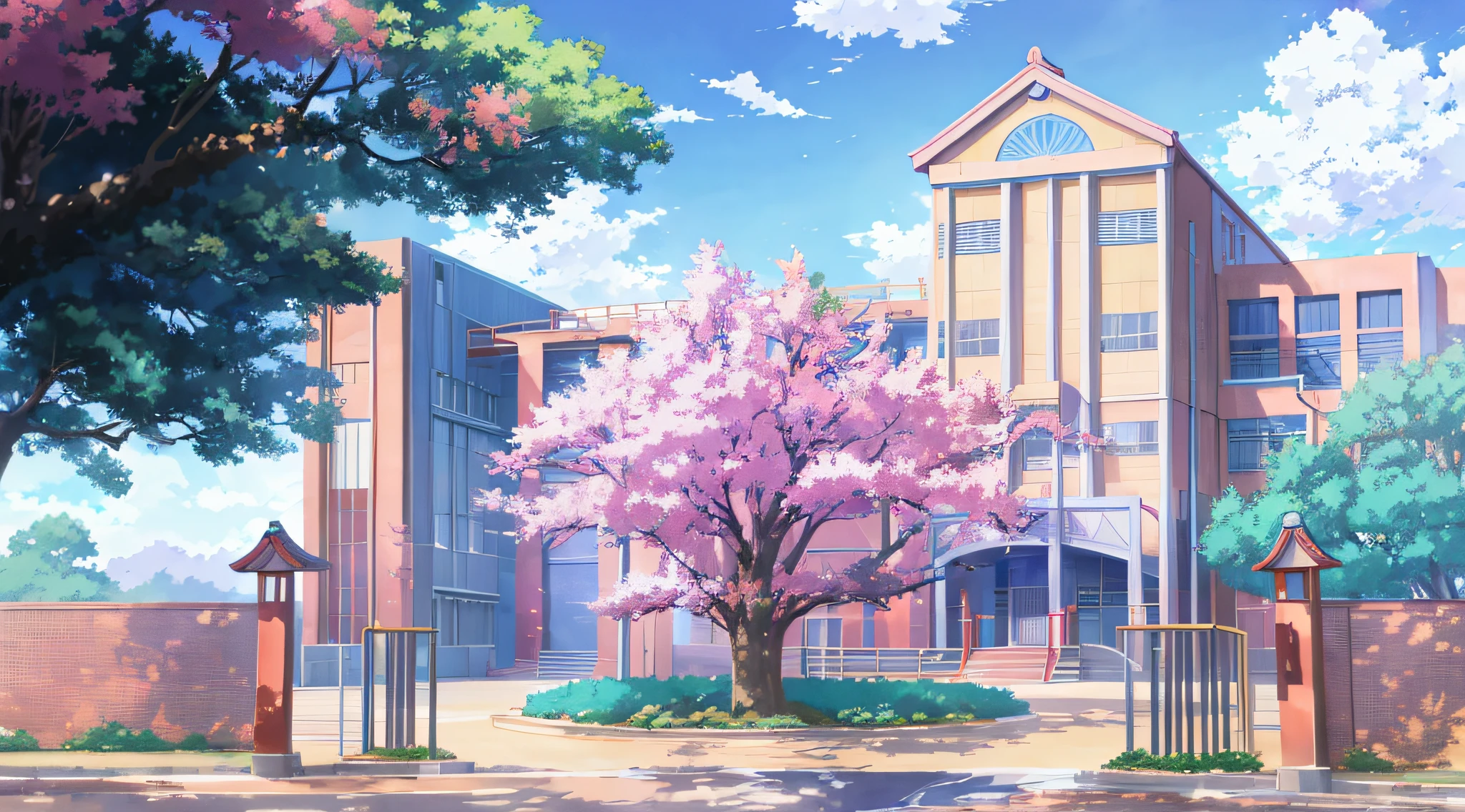 Anime style picture of Japanese school entrance, highschool background, Anime background art, Anime landscape concept art, Anime landscapes, beautiful anime scenery, School anime background in anime style, Colorful anime movie background, arte de fundo, anime scene, Anime landscapes, Anime beautiful peaceful scene, Madhouse Studio anime style, Anime background main vision