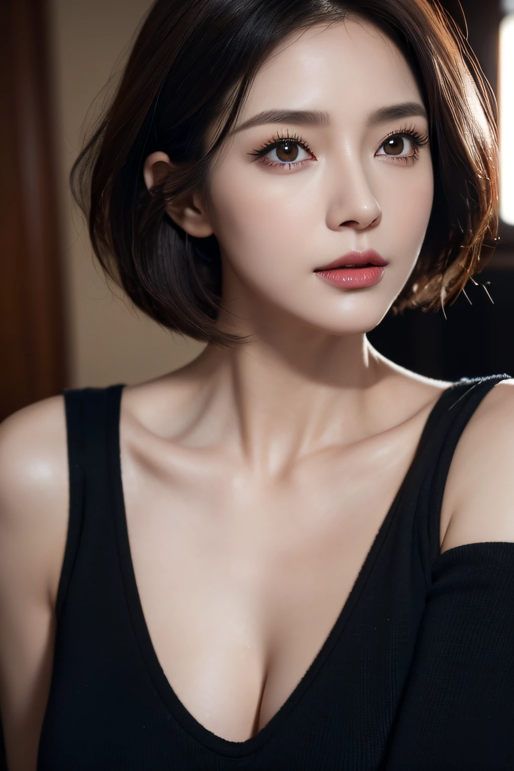 short hair, skin tight black top:1.2, looking at the viewer, cinematic lighting, perfection, soft light, high resolution skins:1.2, realistic skin texture, realistic face, beautiful red eyes、off shoulder, exposed cleavage,  short hair, No makeup、