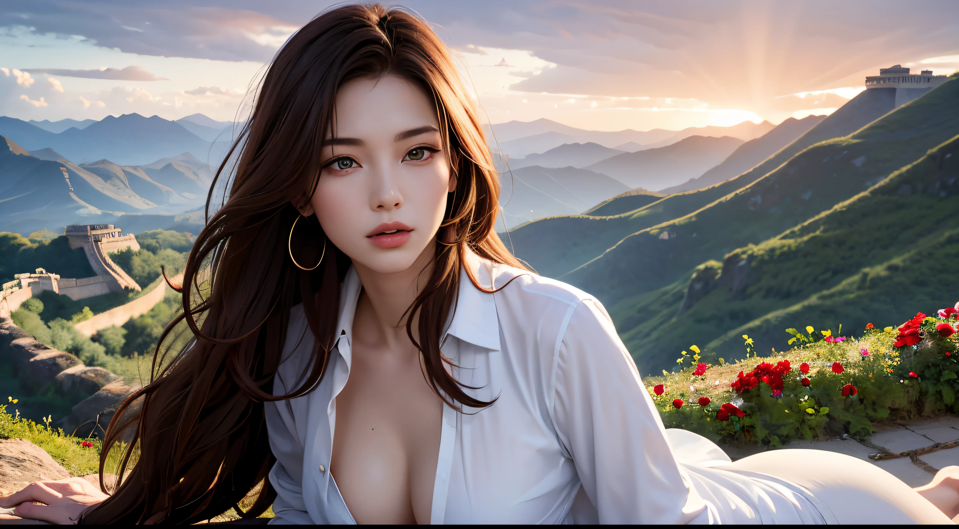 （（best qualtiy，8k，tmasterpiece：1.3）），Clear focus：1.2，one pretty woman，perfect body figure：1.4，Slender abs：1.2，（dark brown  hair，：1.2）），（White button up long shirt：1.1），Highly Detailed Face and Skin Textur，Detailed eyes，二重まぶた，and wear no underwear，long leges，Bigchest，Red long-haired，curlies，Lie in the flowers，artistic pose，Background with，High hills，the great wall，rios，Large ancient palaces，Strange sky，flying saucer，Singular clouds，Close-up after sunset