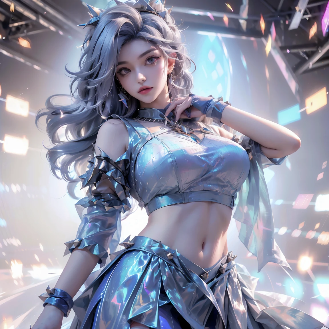 ((16 Nights Sakiya)), ((Touhou Project)), Cosplay, 20-year-old woman, (((gray hair)), ((medium spiky hair)), ((blue maid outfit)), ((white blouse)), midchest, (light)))), (pose))), (photorealistic photo: 1.3), rim lighting, (high detail skin:1.2), 8K UHD, dslr, high quality, high resolution, 4K, 8K, Bokeh, Absurdity, Best ratio four fingers and one thumb, (Real:1.3), Cutest 1 Girl, Lots of Knives