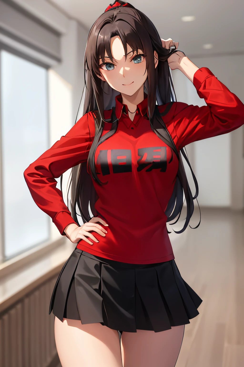 Best quality, (Masutepiece:1.2), Highly detailed, inside, Tohsaka too.,1girl in, only, Standing, Looking at viewer, from the front, mouth closed, Smile, Long hair, brown hair, blue eyes ,Red shirt, miniskirt, black skirt, black pantyhose,(Skirt rise:1.3), (white panties:1.3)、(Rolling up skirt:1.3)、(Fully exposed panties:1.5)