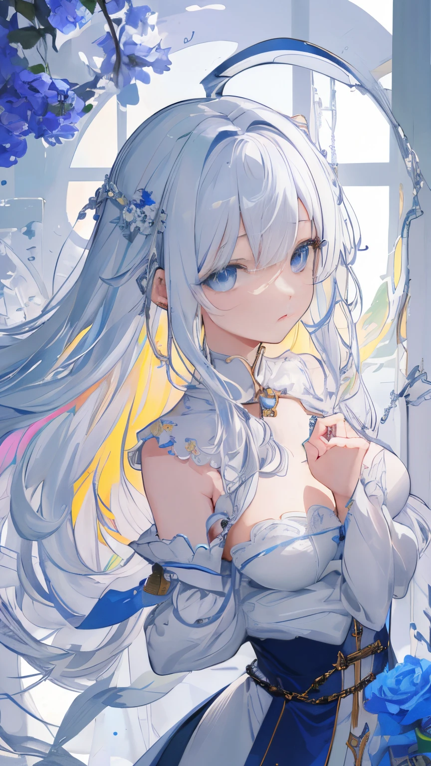 (​masterpiece:1.2)、top-quality、(illustratio:1.2)、ornate decorations、(Masterfully crafted Glow、lensflare)、(ultra-detailliert)、Hyper-detailing、(delicate detail)、(intricate detailes)、(Cinematic light、best quality backlight)、(Bioluminescent hair)、(radiant eyes)、(Dynamic:1.2)、((make - up))、Absolutely eye-catching、prehistory、((Splash of colorful paint on background、dulux、))、((coustics))、dynamic ungle、(魅惑的)、(Intricately detailed cinematic:1.1)、ambient occlusion、Ambient Light、ray tracing reflection、(The best lighting、extremely delicate and beautiful)、((Movie Light))、colourfull、powerfull、(cinematic masterpiece)、big dreamy eyes、perfectly proportions、perfectly drawn face、albedo、White hair、chain、comfy、Intense days、clear sky、seductiv、illustratio、Angels Everywhere、blue eyess、Blue roses、chains、splashes of colour、smooth soft skin、the golden hour、atmosphere、a park、nobara、bullets、Breathtaking、Ambient light coming from the sky、 chain、godrays、The halo、beautiful intricate colored hair、Symmetrical and soft lighting、concept-art、digitial painting、A peek into the landscape、realistic reflection、Soft and warm glow coming from tracers everywhere