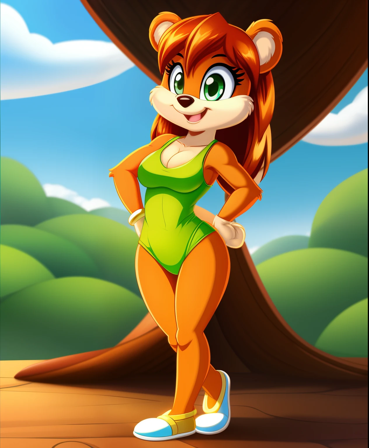 Larissa the female light orange bear, tiny toons style, light green eyes, full body view