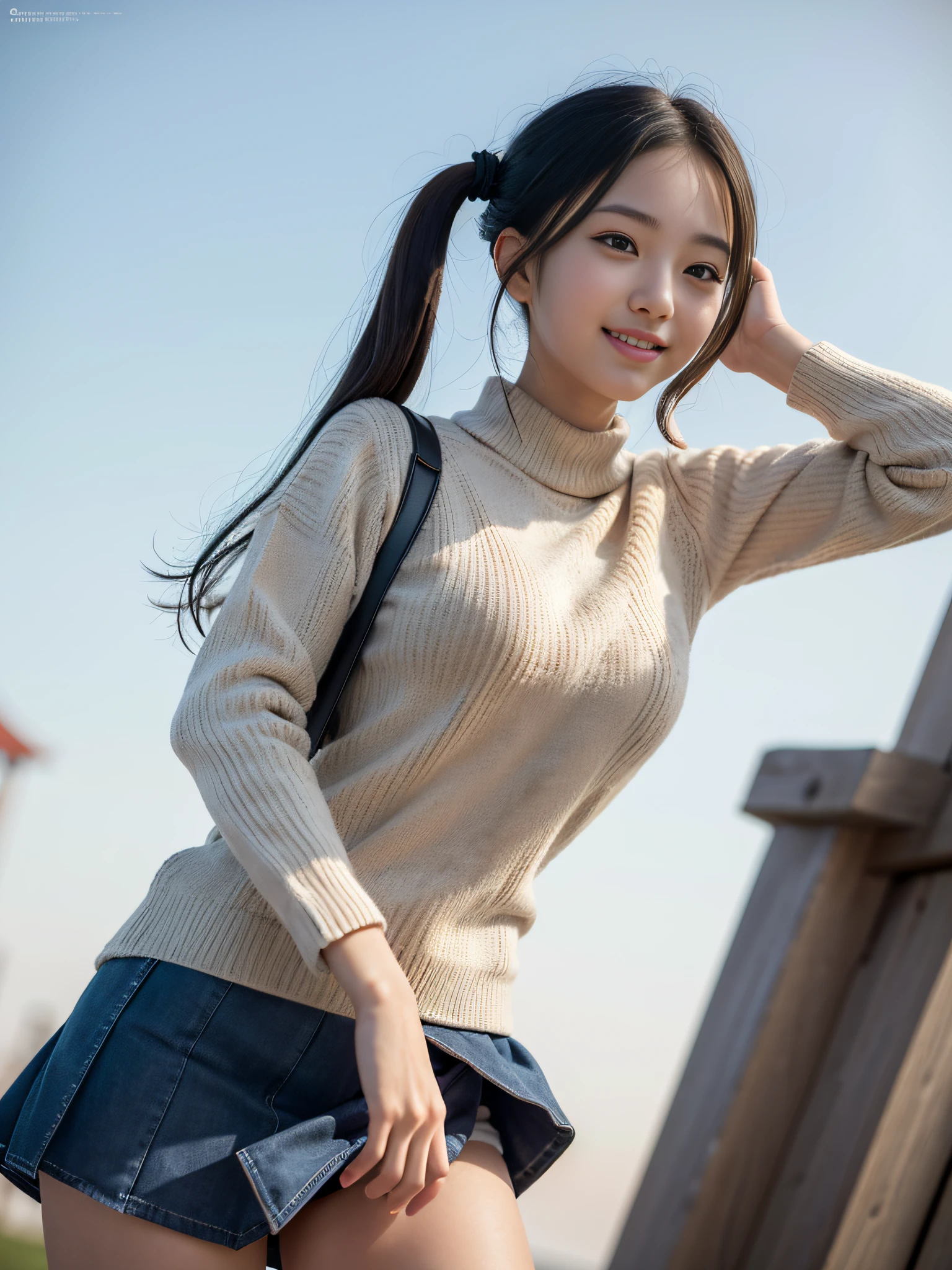 (Raw photo: 1.2), top-quality,Beautiful detailed girl,Sweaters,a miniskirt,Shoulder out,Milk transparency, Smile, Young woman with dark hair, twin-tail hair, Highly detailed eyes and face, Beautiful detailed eyes,with round face,japanes,goddess of Japan,Huge file size, High resolution, High resolution, 8K, Fine detail, Highly detailed ticker uniform 8K wallpaper, Light on Face, Movie Lighting, girl, Sexy Pose,posterior view,(Photorealism: 1.4), Illustration,surrealism,From below, Super Detail, masutepiece,a park,Colossal tits,Blur the background