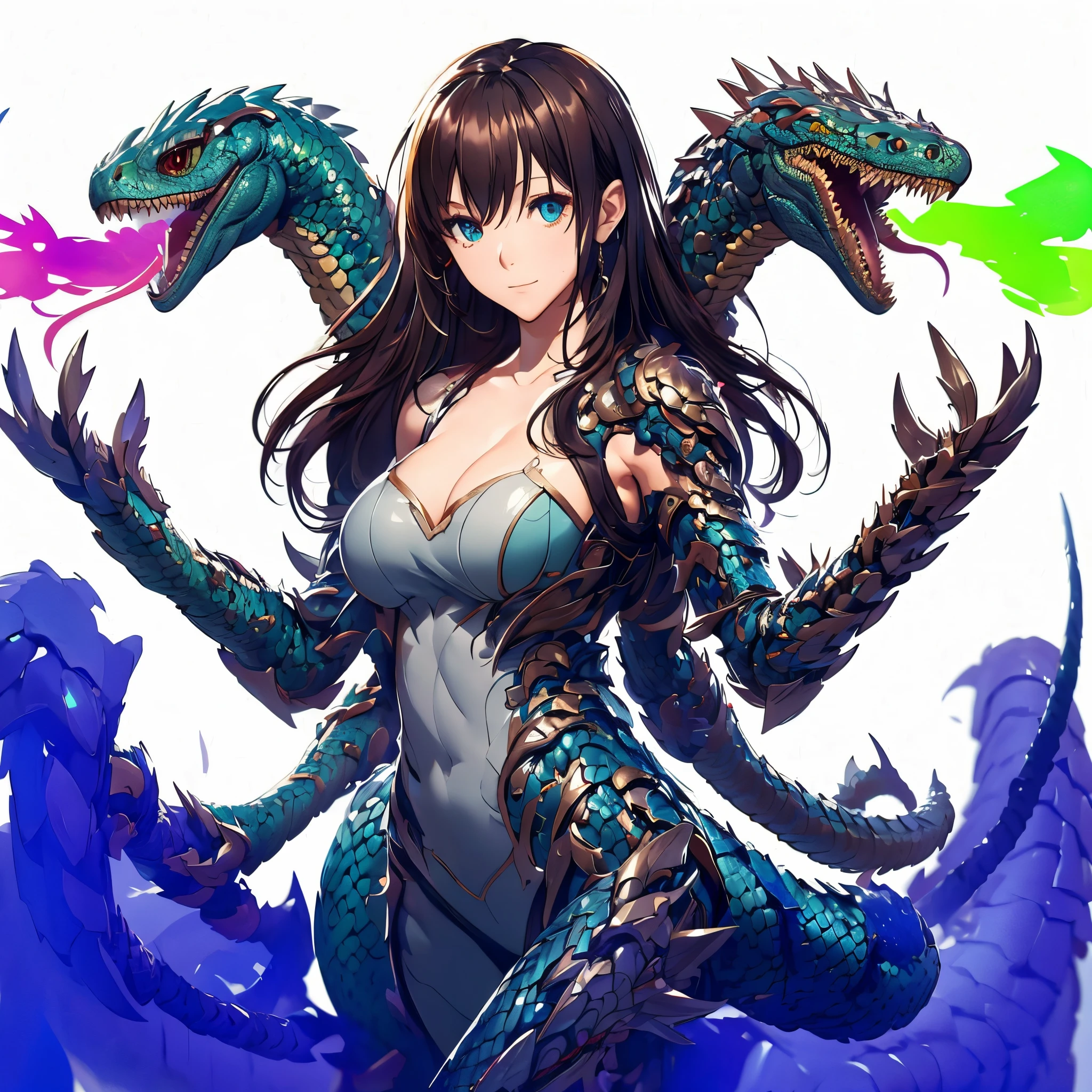 A beautiful girl who has fused with a Kaiju. She is a reptilian element. Two snakes jump from her back. Both hands become weapons. armored body.