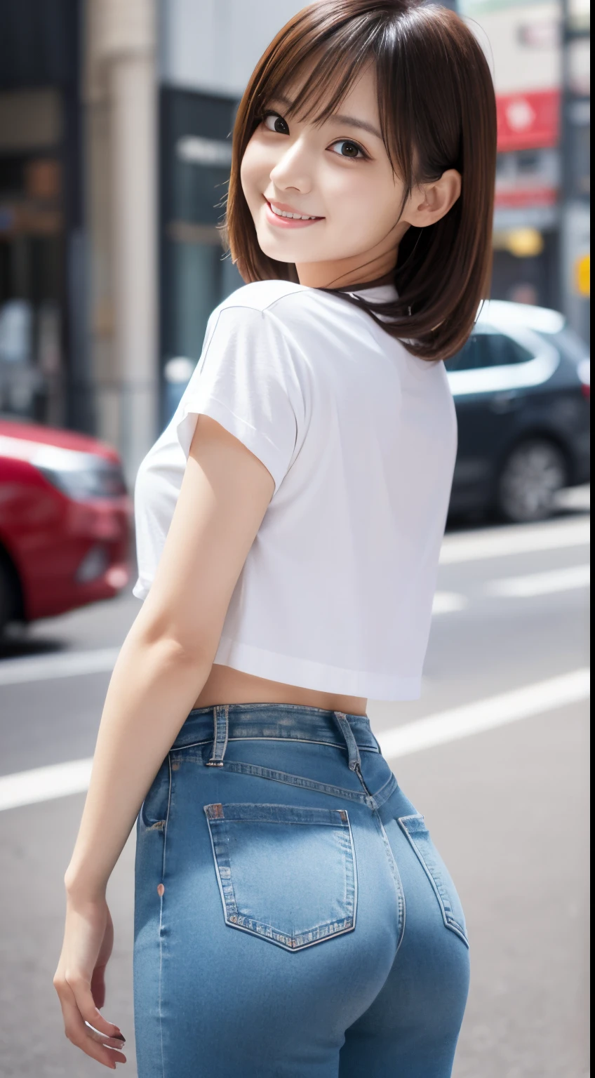 Best-quality, Masterpiece, Ultra-High-Resolution, (Photorealistic:1.4), Raw-Photo, Extremely-Details, Perfect-Anatomy, 1girl, 12-years-old, the most famous Japanese idol, cowboy-shot, upturned ass, looking at viewer, wearing denim hot pants and white t-shirt with cute design, detailed extremely cute face like a most popular Japanese actress, detailed extremely beautiful big black solid circle eyes, detailed extremely beautiful black short-cut-haired, detailed extremely beautiful realistic skins, detailed extremely beautiful hip, detailed extremely beautiful body, detailed extremely beautiful thighs, detailed denim hot pants, detailed white t-shirt with cute design